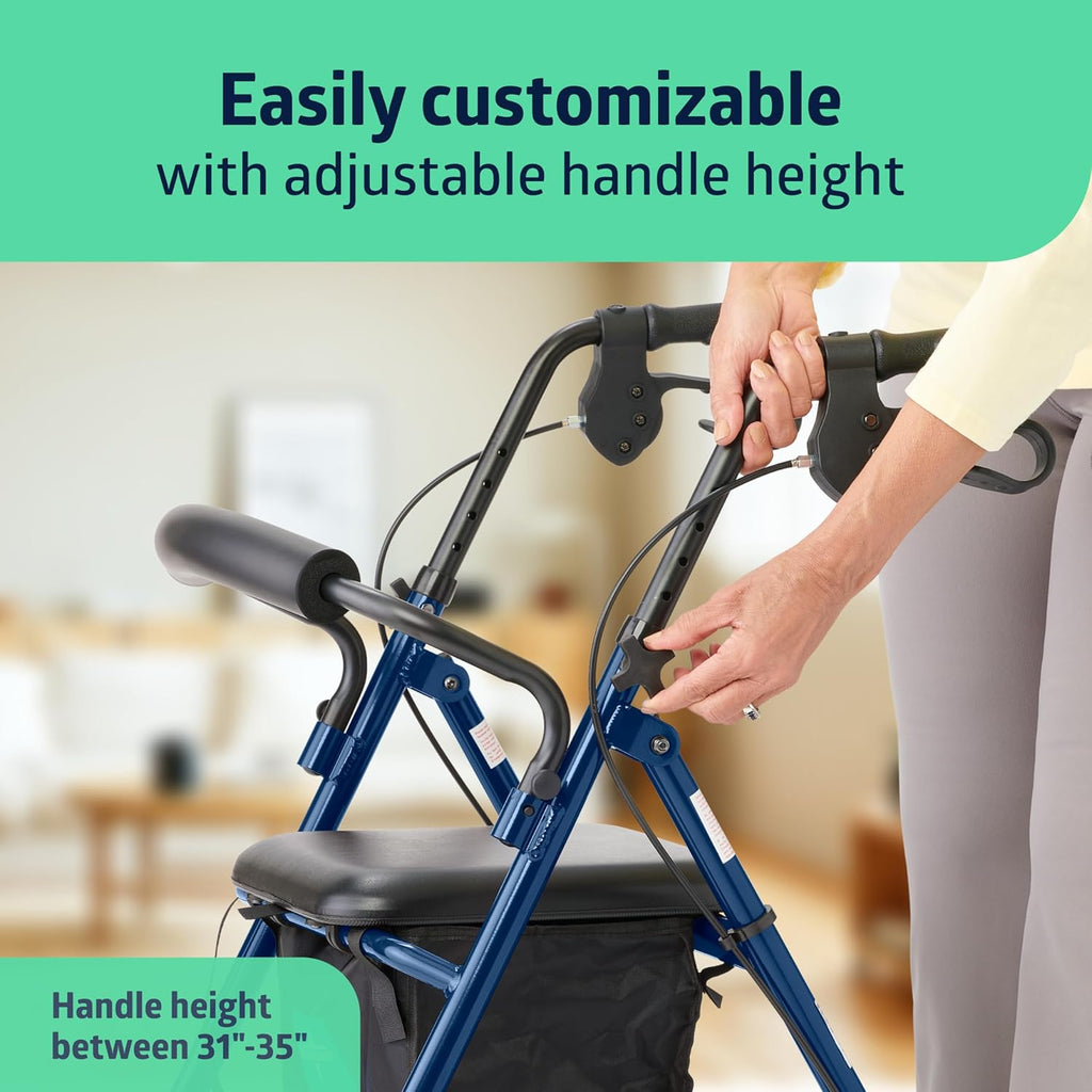 Medline Aluminum Rollator Walker with Seat, Foldable, 6 in Wheels, 250 lb Capacity

