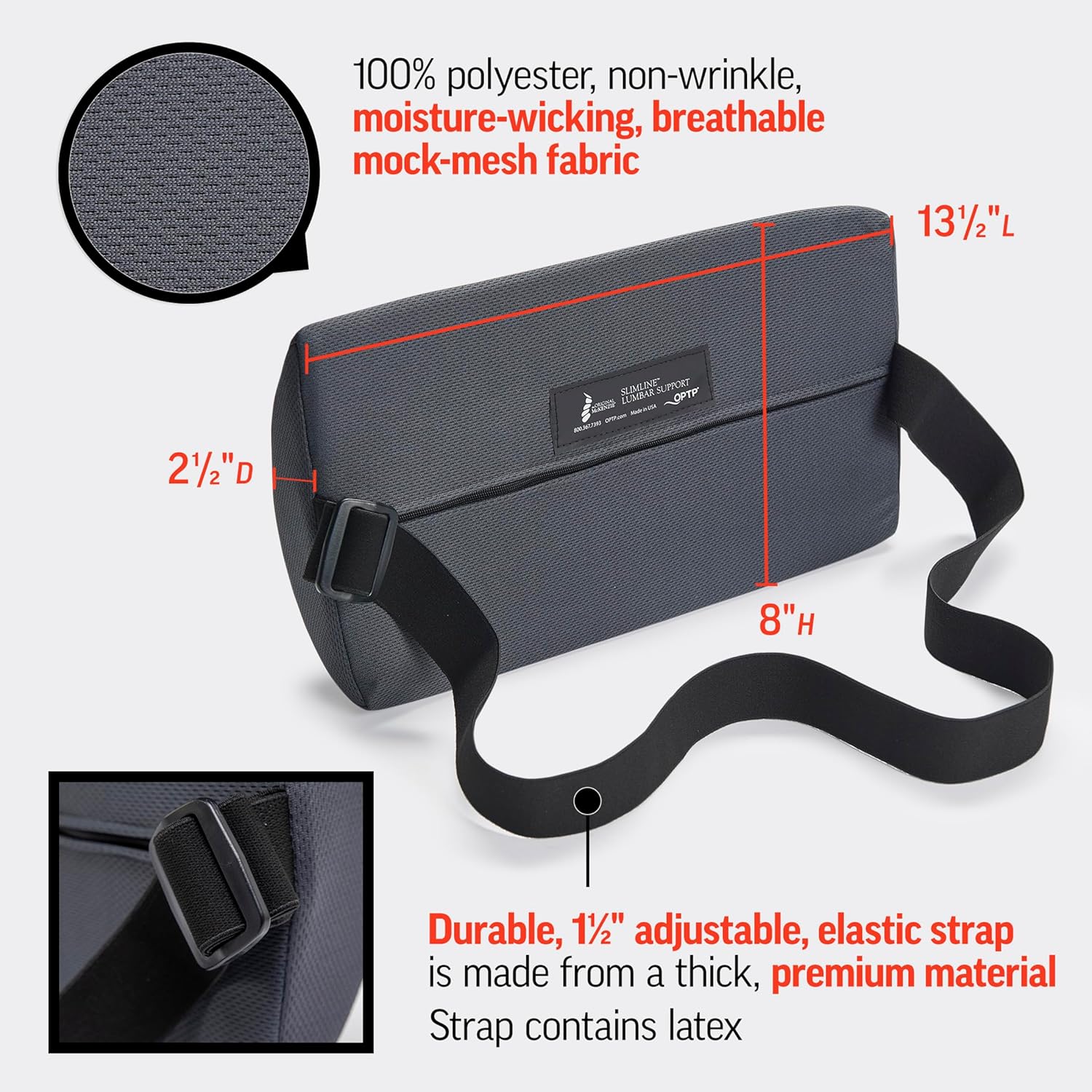 OPTP Original McKenzie Slimline Lumbar Support Pillow with Strap, Chair Back Cushion

