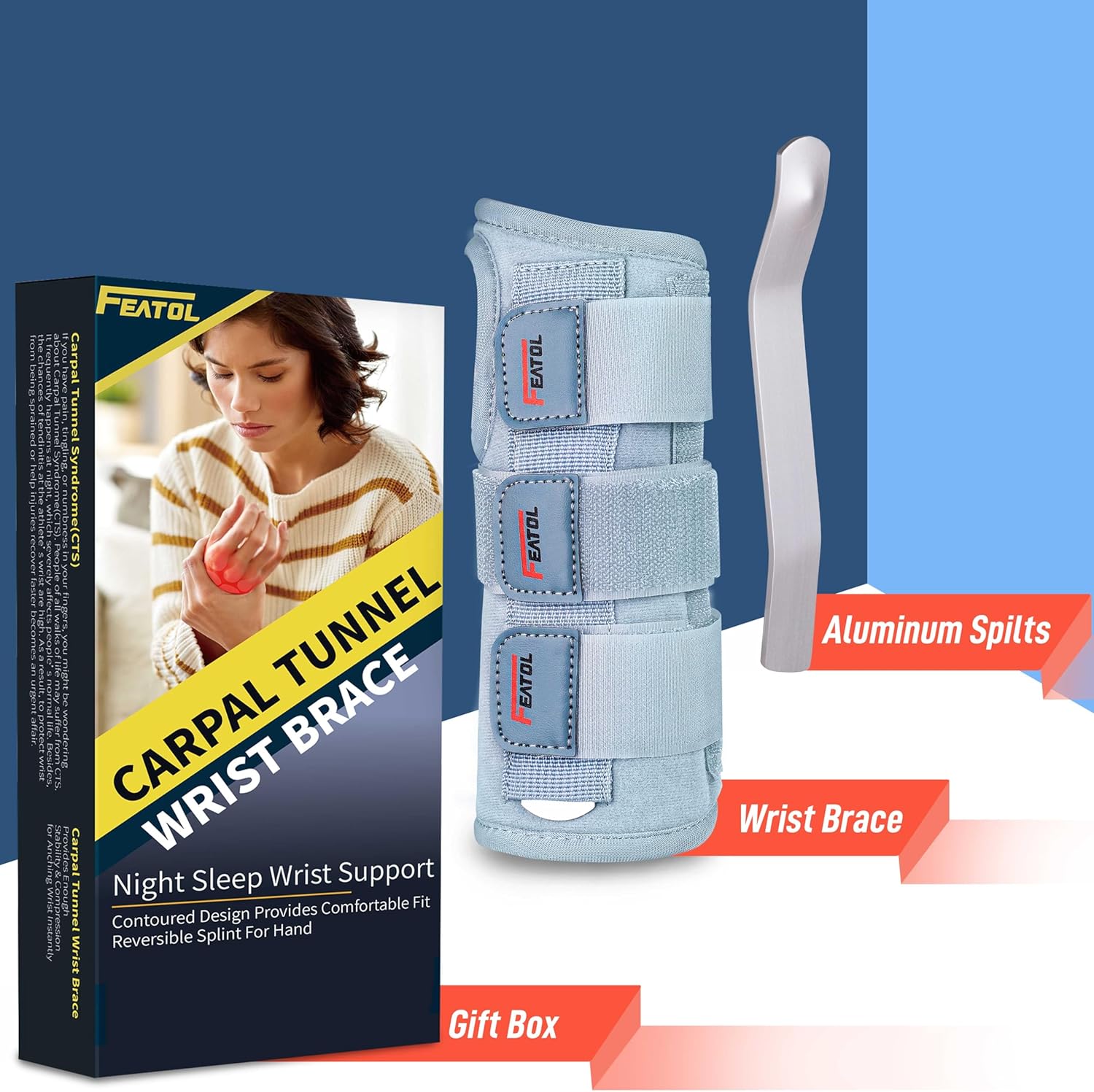 FEATOL Wrist Brace Carpal Tunnel Adjustable Night Support with Removable Splints

