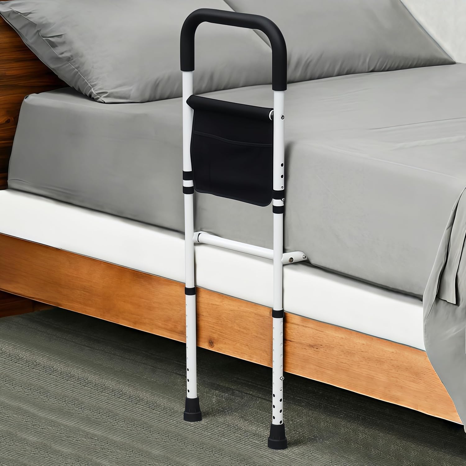 BOLESHU Adjustable Bed Assist Rail for Seniors with Support Legs and Storage Pocket

