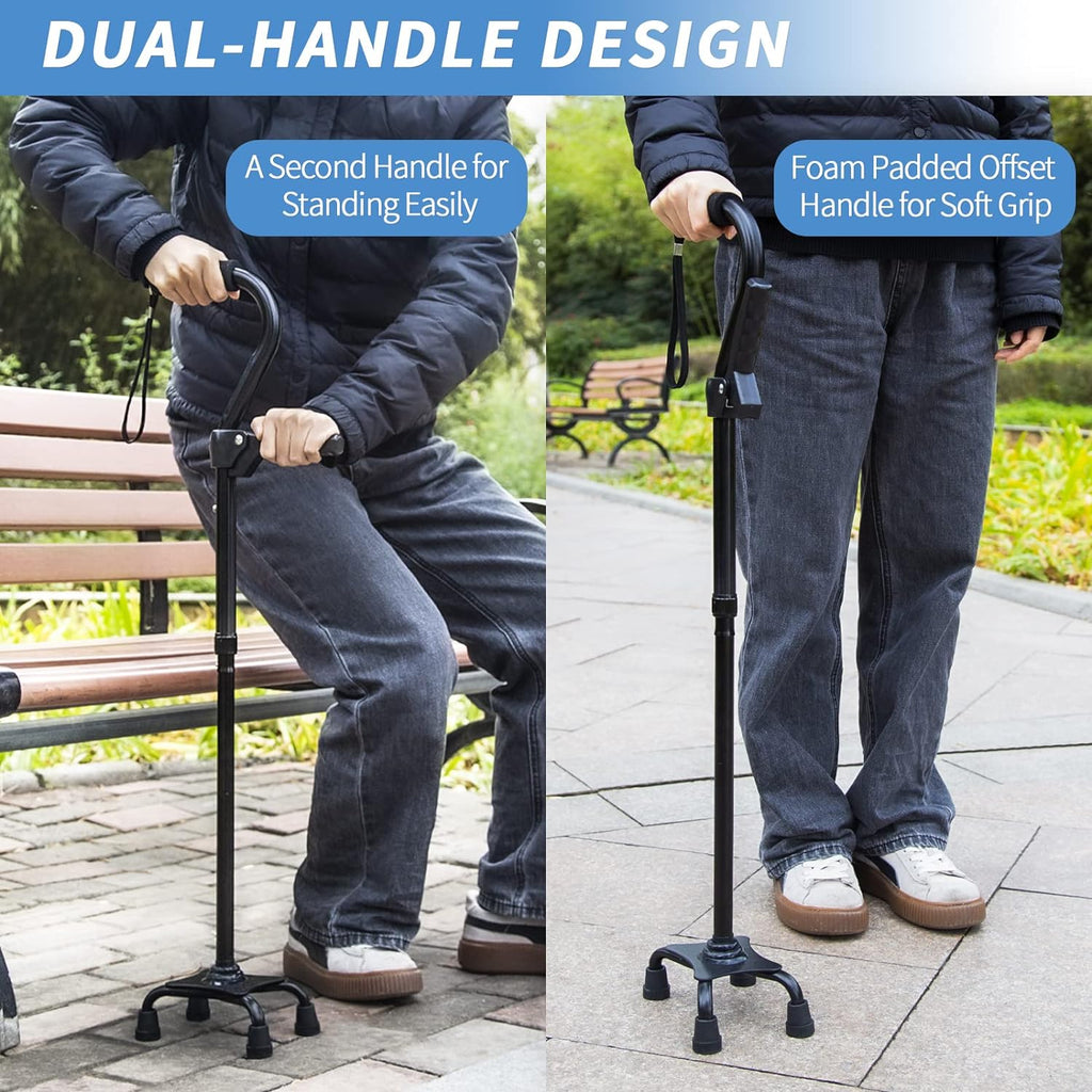 KingPavonini Adjustable Folding Walking Cane with Quad Base and Dual Handle

