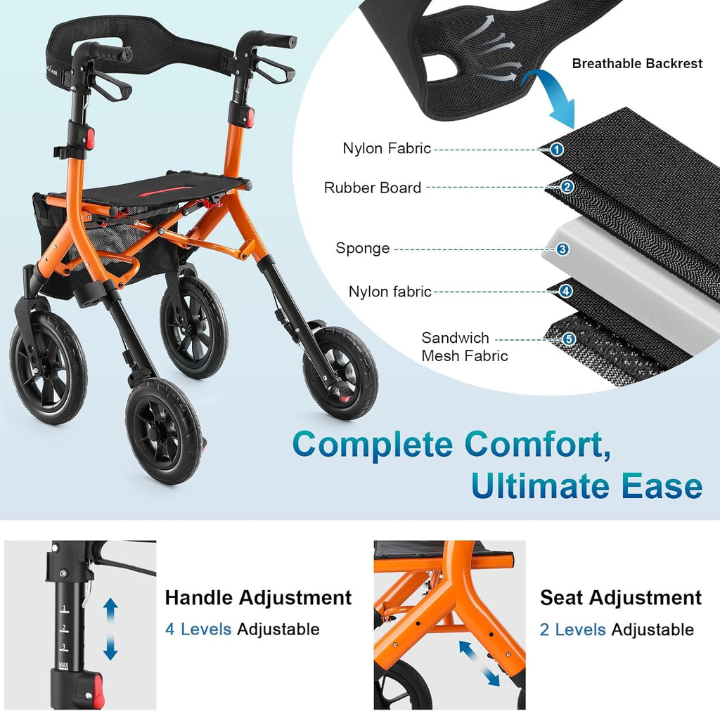 MAXWALK Rollator Walker with Seat, Tall All-Terrain 12-inch Rubber Wheels, Foldable


