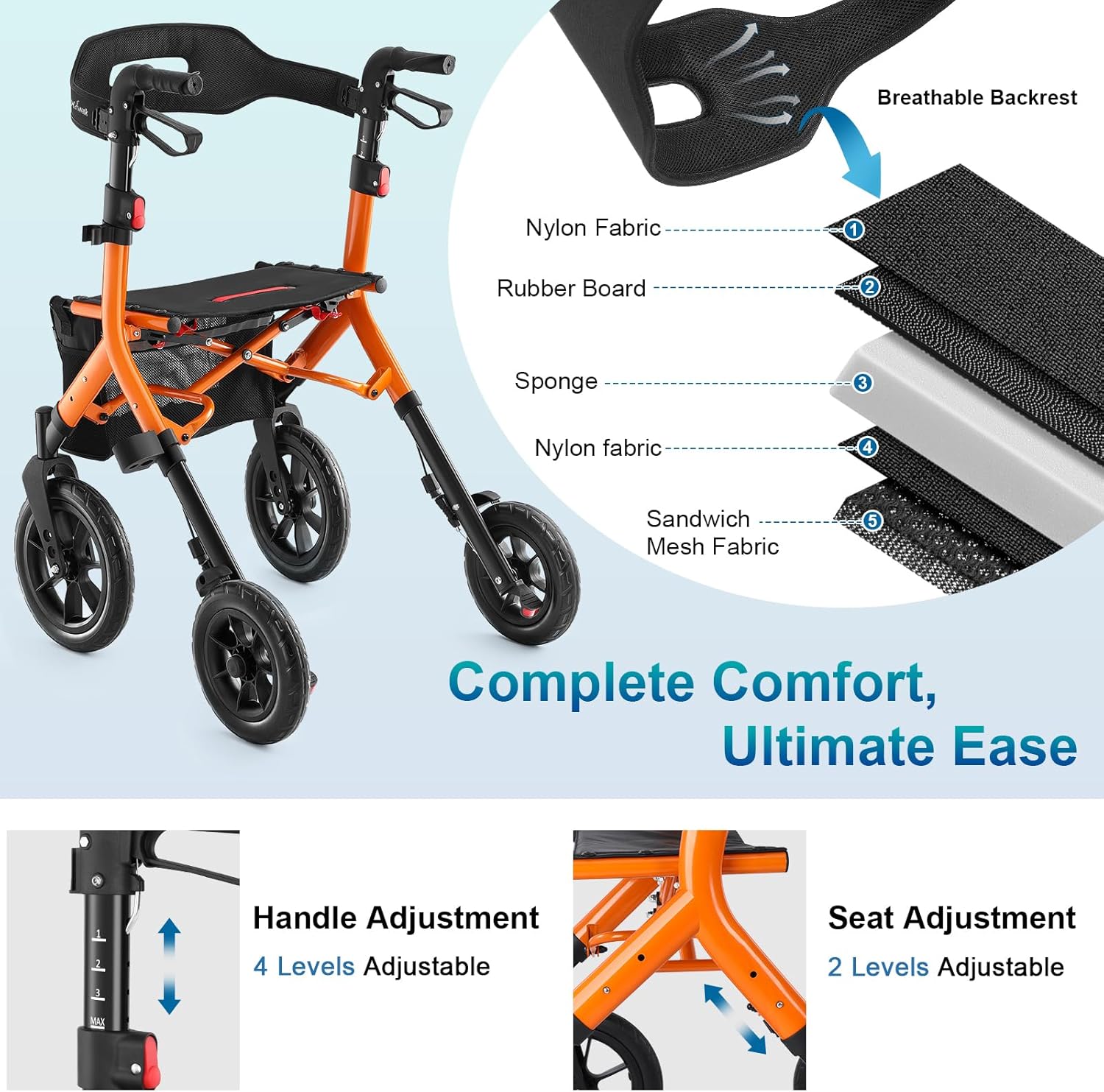MAXWALK Rollator Walker with Seat, Tall All-Terrain 12-inch Rubber Wheels, Foldable


