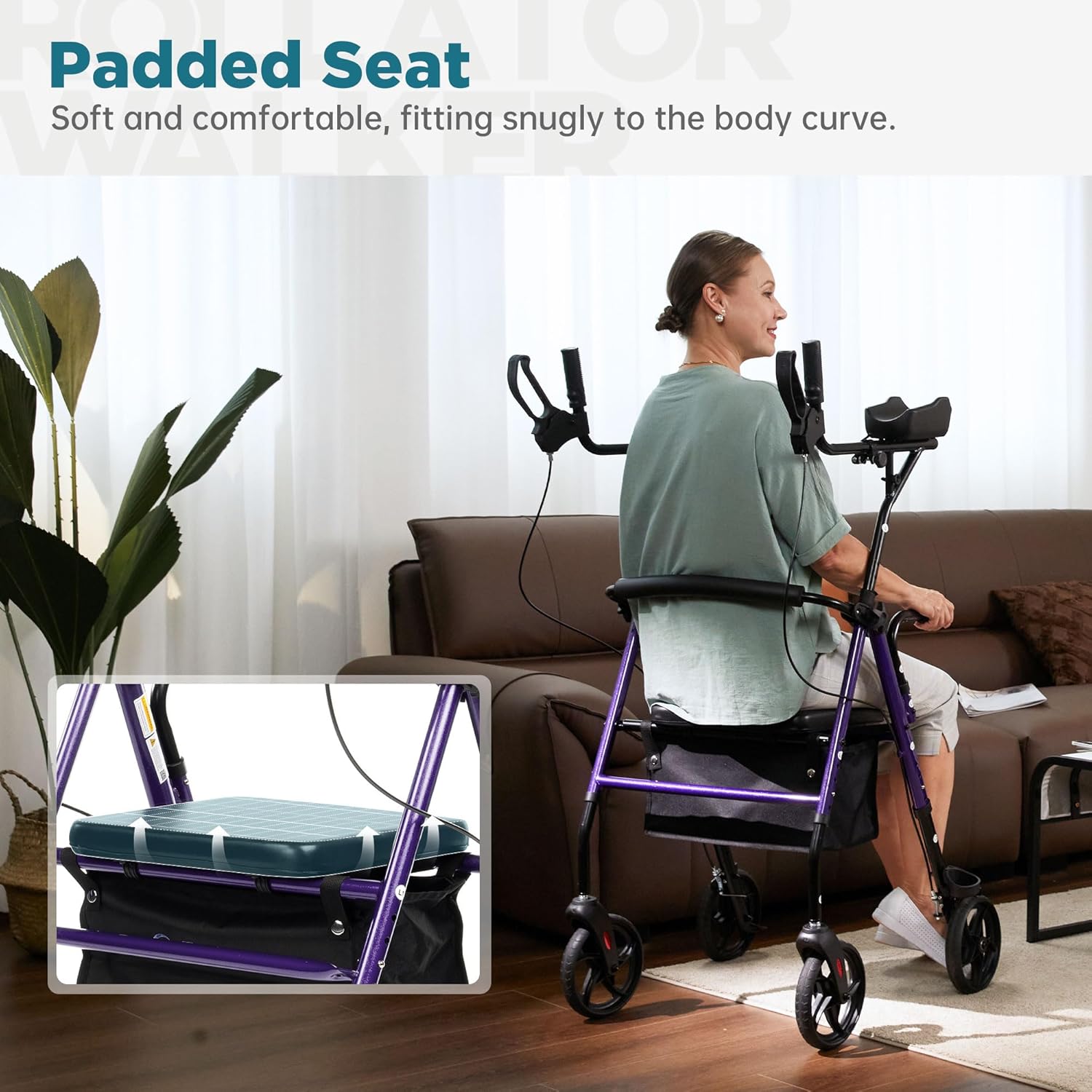 ELENKER Upright Walker Rollator with Padded Seat and Backrest, Compact Folding

