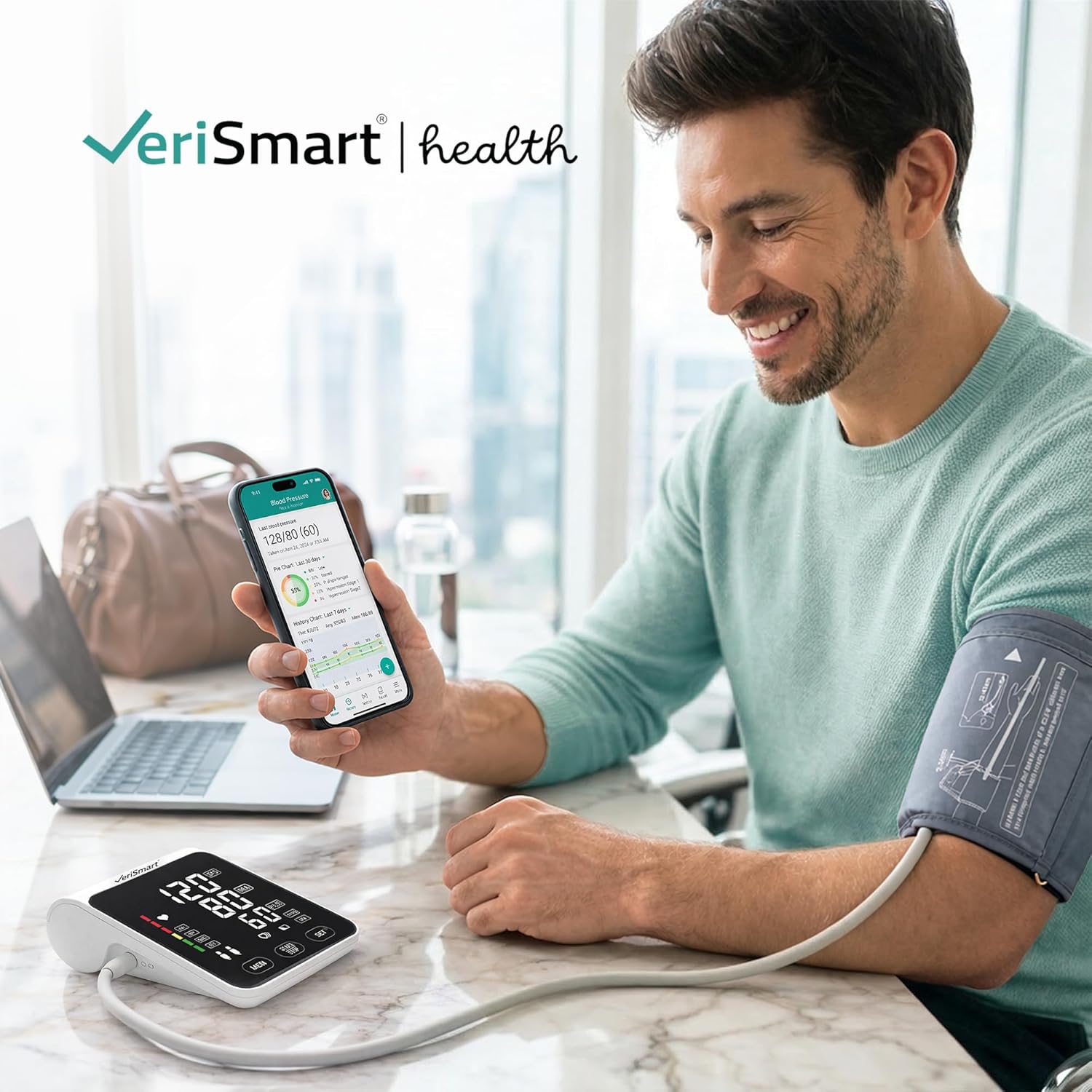 VeriSmart Health Smart Upper Arm Blood Pressure Monitor with Bluetooth, LED Display

