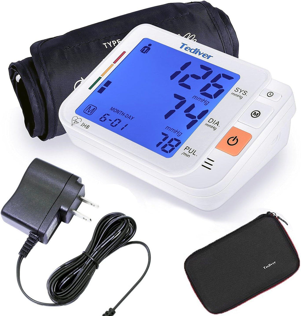 Digital Upper Arm Blood Pressure Monitor, Backlit LCD, Electric Power Charger

