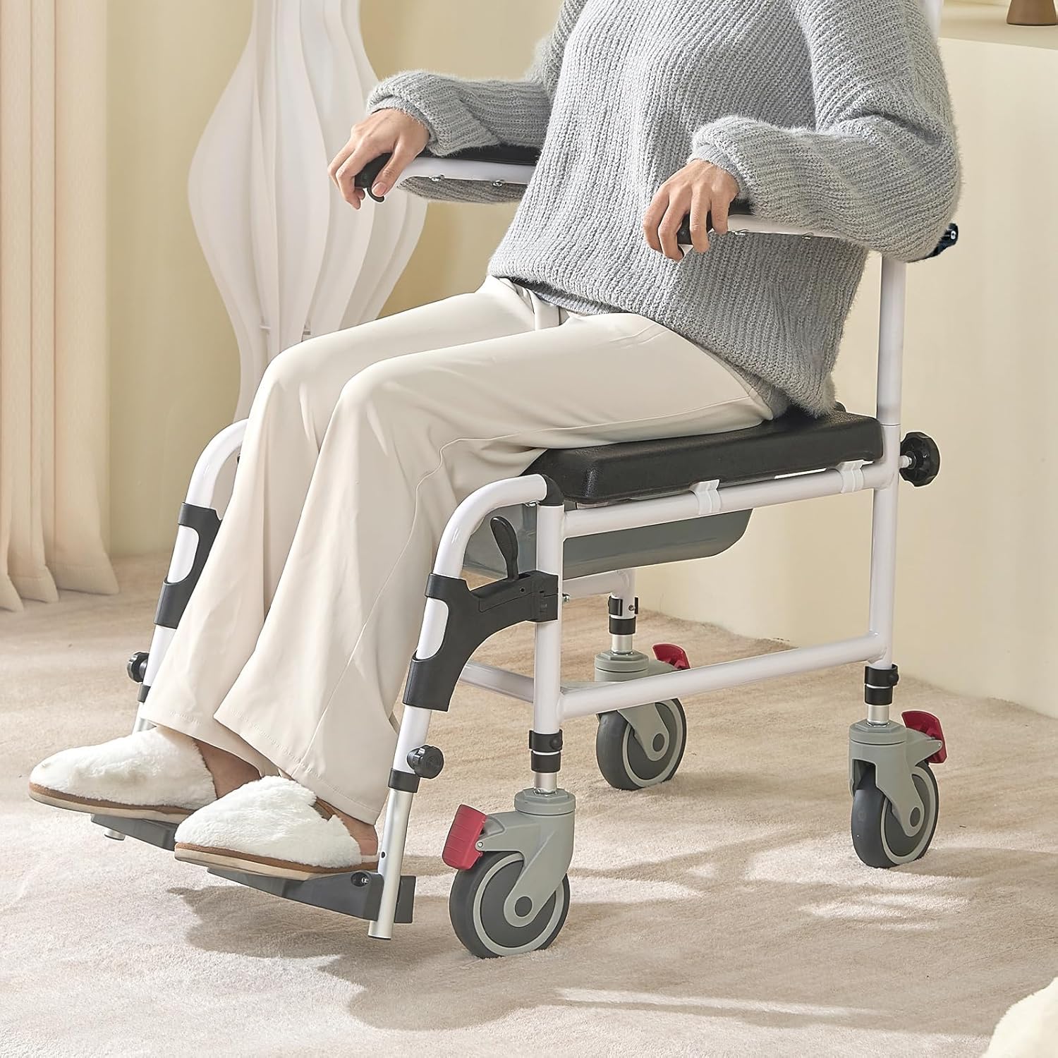 VEVOR 4-in-1 Shower Commode Wheelchair with Removable Bucket, Flip-Up Arms, 350 lbs

