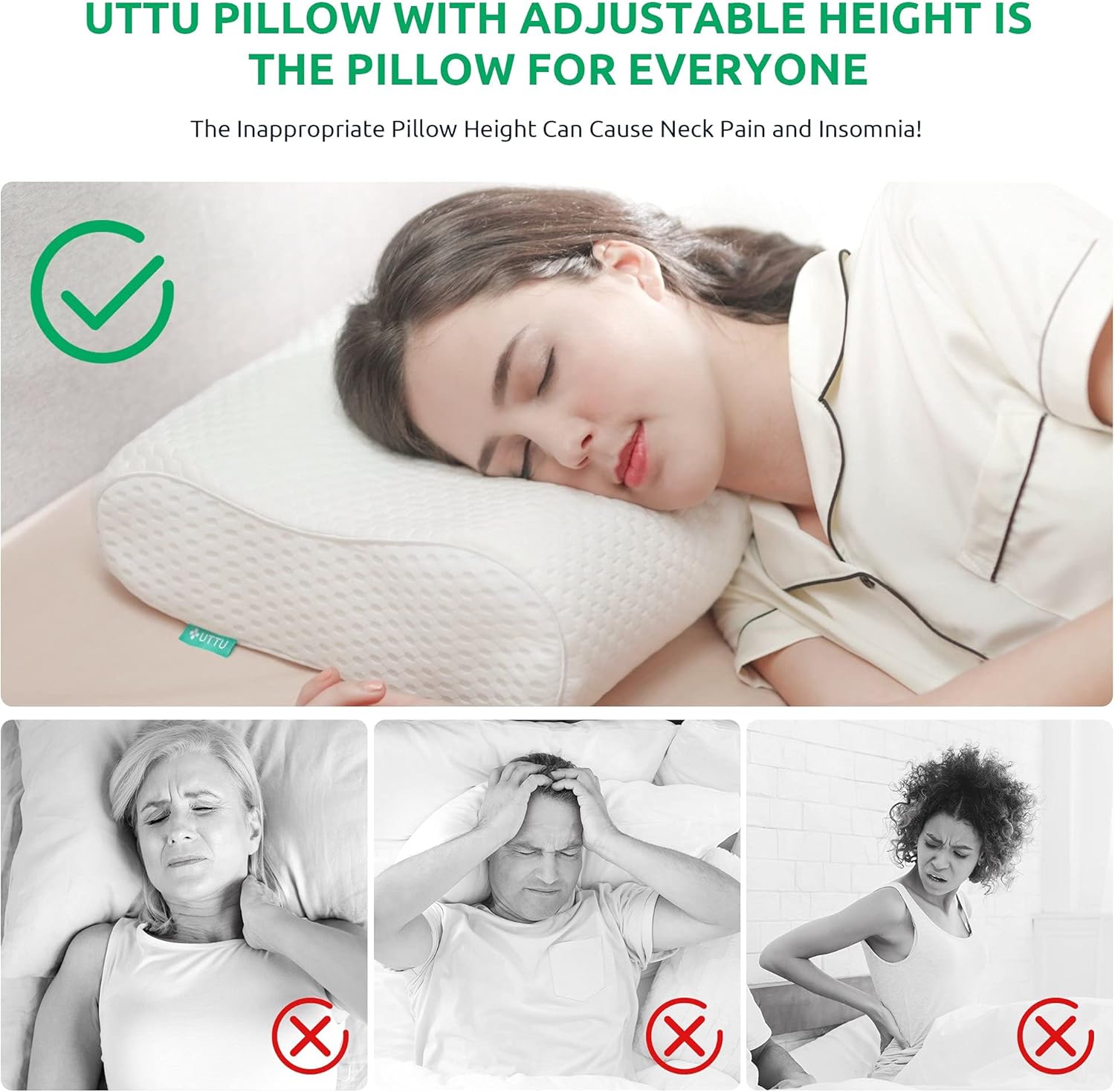 UTTU Adjustable Cervical Neck Pillow, Memory Foam Orthopedic Cooling Contour

