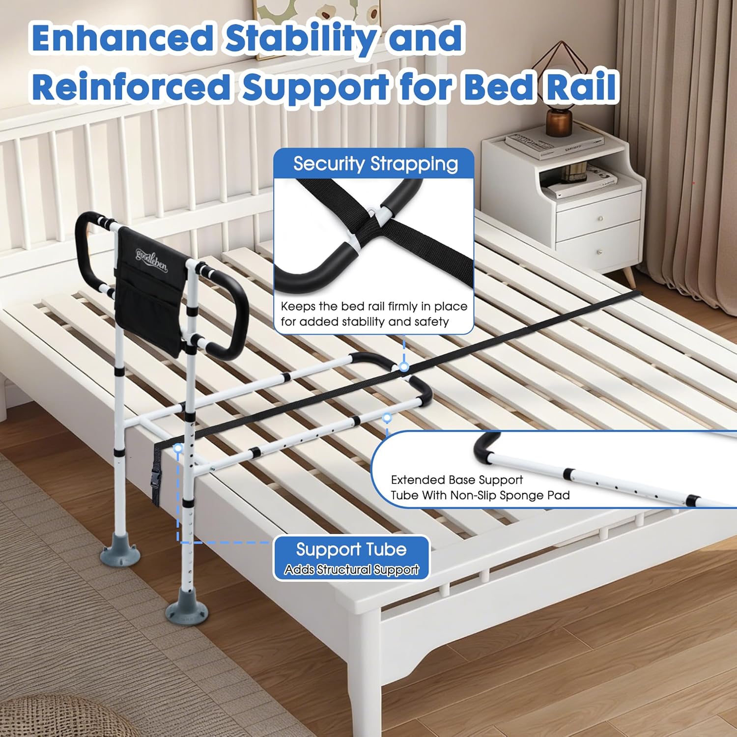 Bed Assist Rail for Seniors Safety, Floor Support, Non-Slip Handle, Storage Pocket

