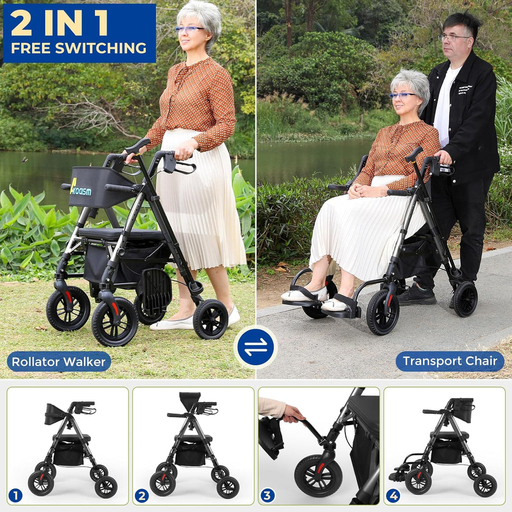 Akoasm Foldable Rollator Walker with Seat, 2-in-1 Wheelchair Combo

