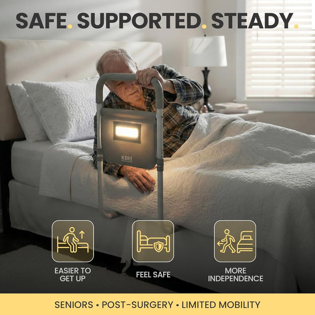 Bed Assist Rail for Seniors, Adjustable Non-Slip Handle with LED Light & Storage

