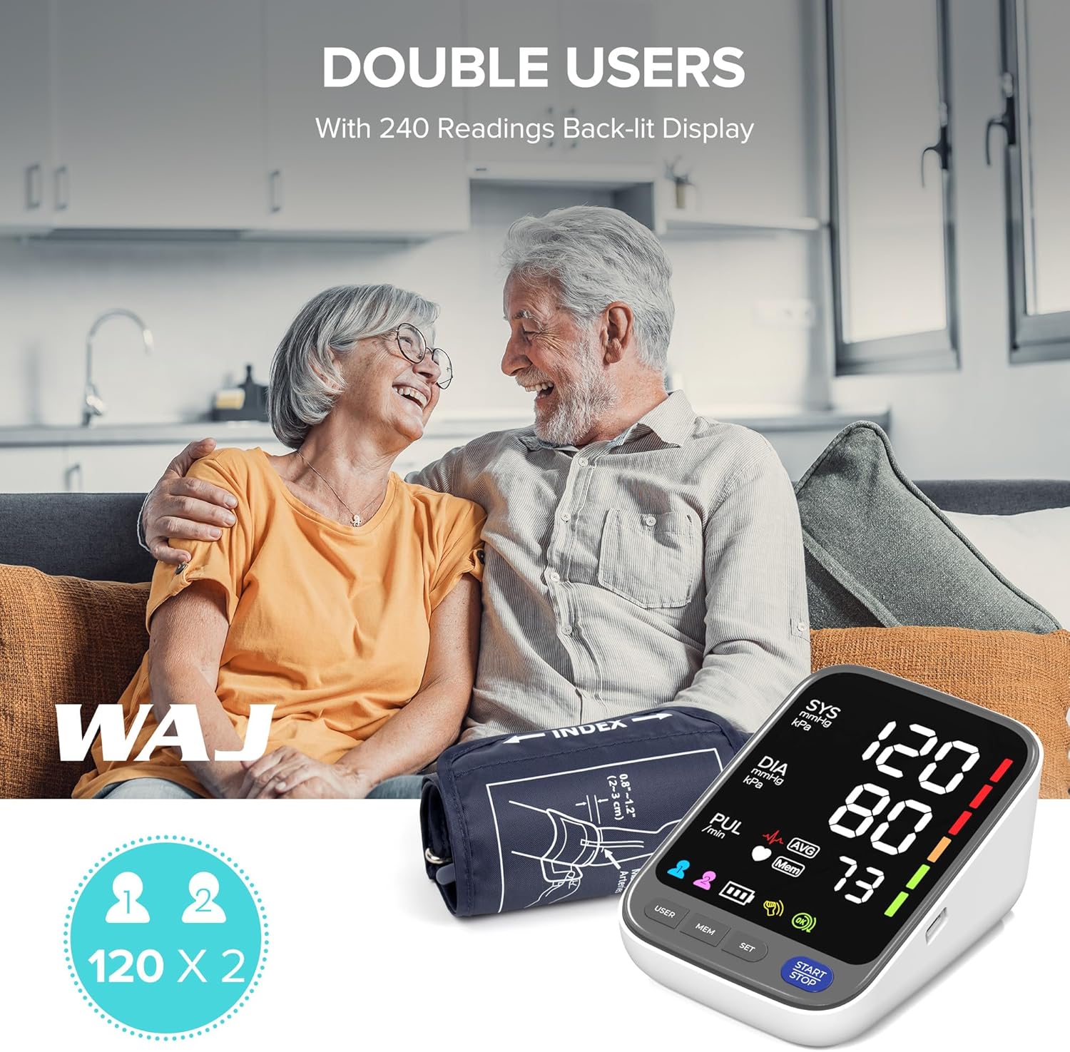 WAJ Automatic Upper Arm Blood Pressure Monitor, 6.4 in LED Display, 2-User Memory

