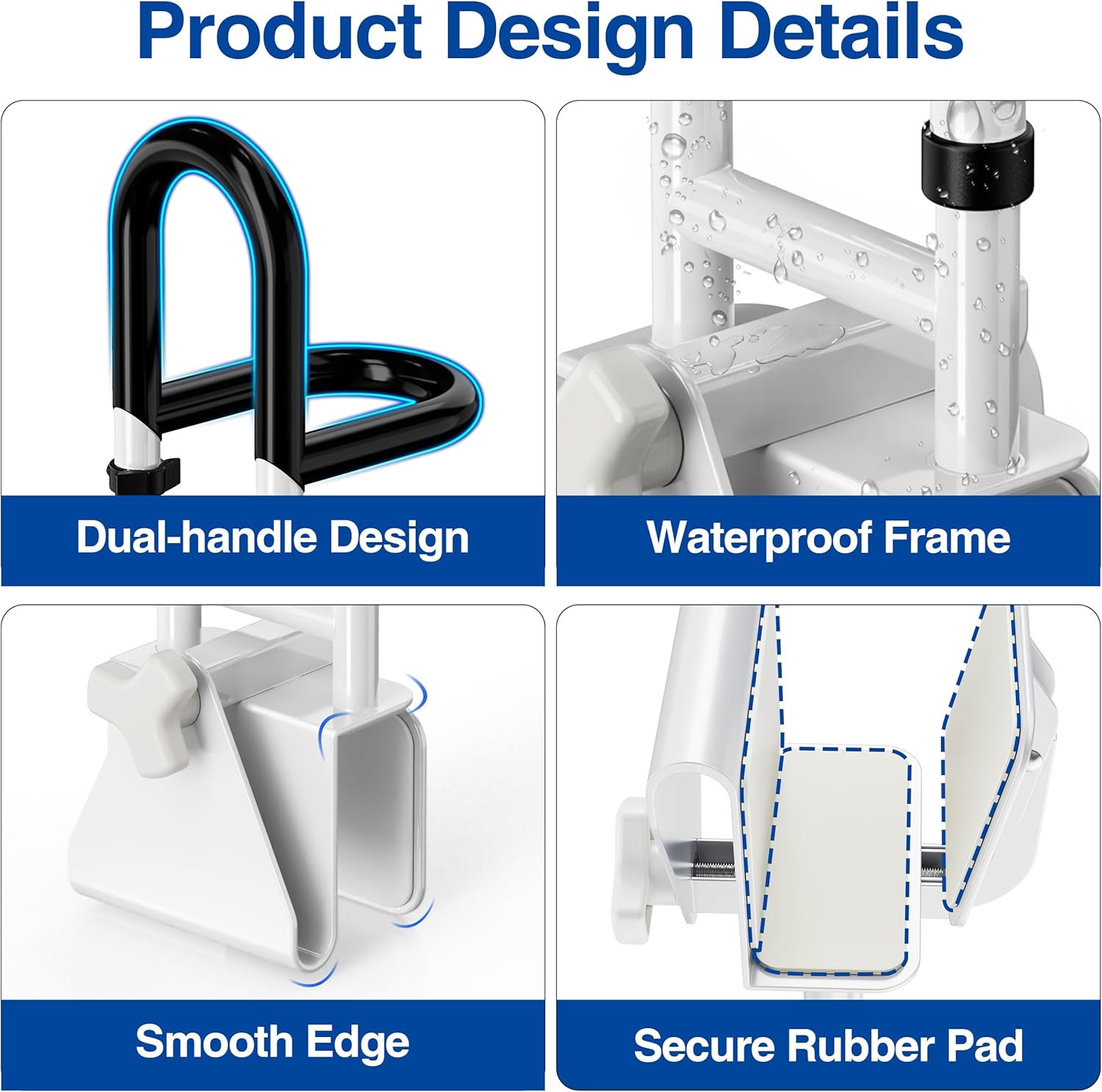 Adjustable Bathtub Safety Rail Clamp-On Shower Grab Bar, Non-Slip Dual Handles

