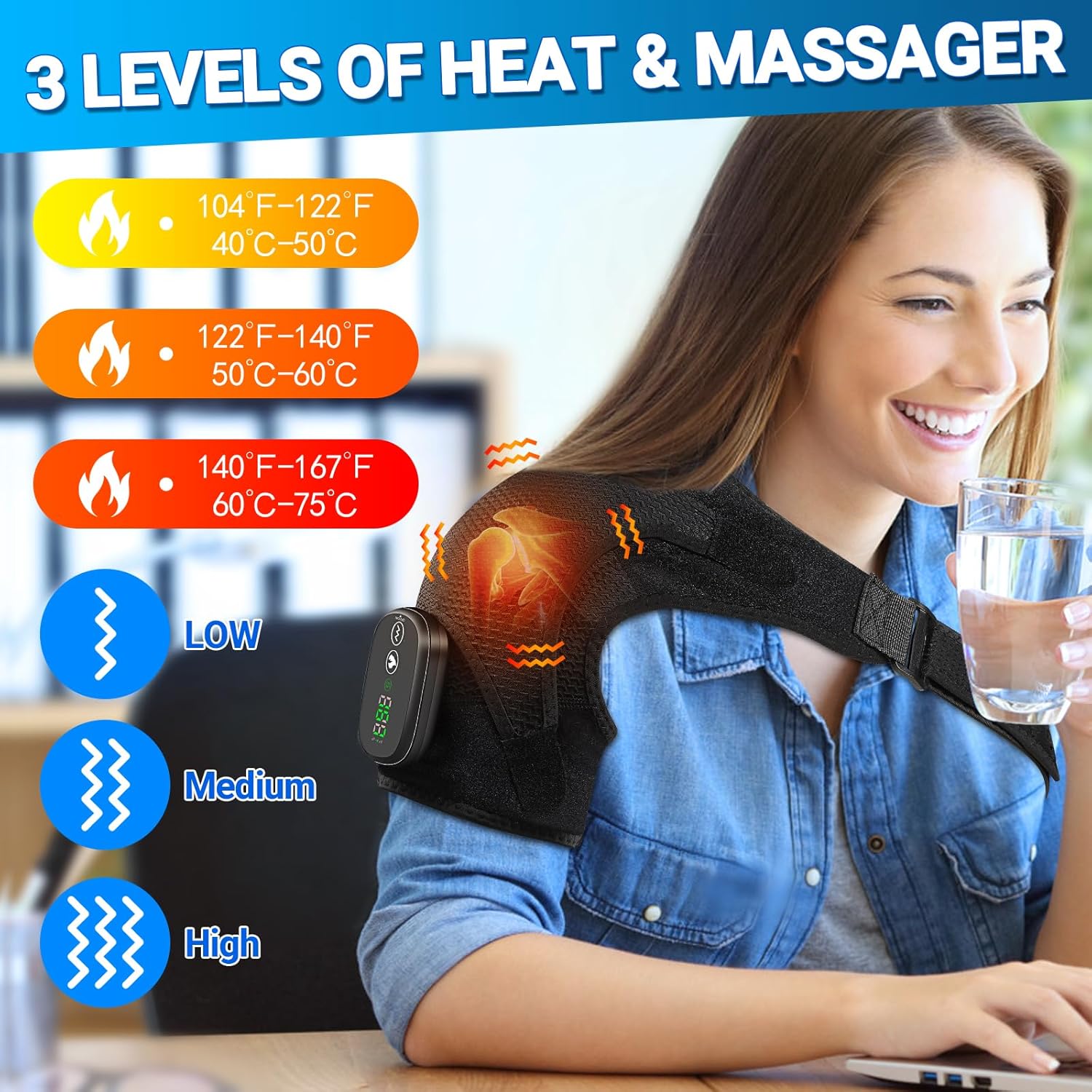 Cordless Heated Shoulder Massager with 3 Heat and Vibration Shoulder Wrap

