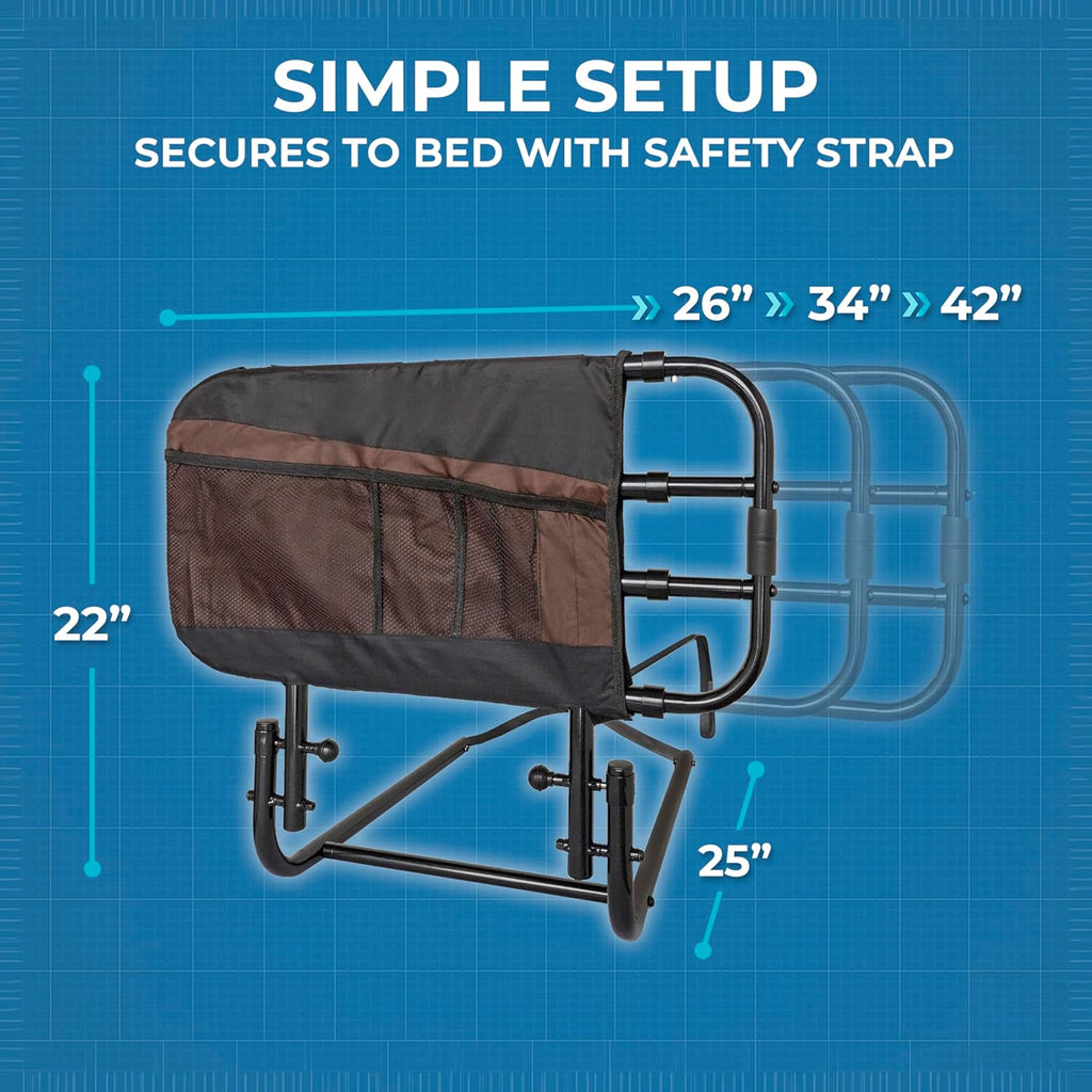 Stander EZ Adjust Bed Rail Adjustable Safety Assist Rail with Organizer Pouch, Black

