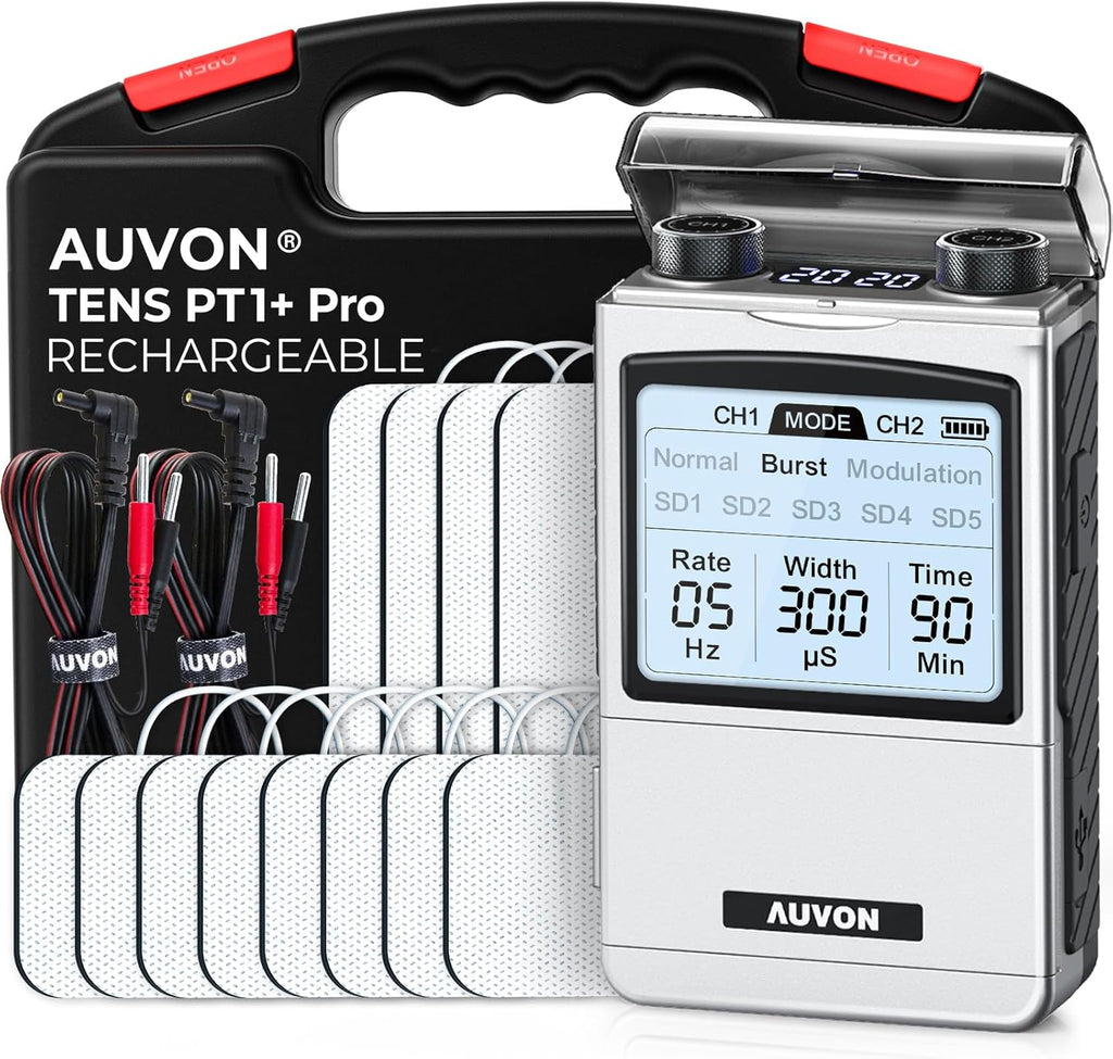 AUVON Rechargeable TENS Unit Digital Muscle Stimulator, 8 Modes, 12 Pads

