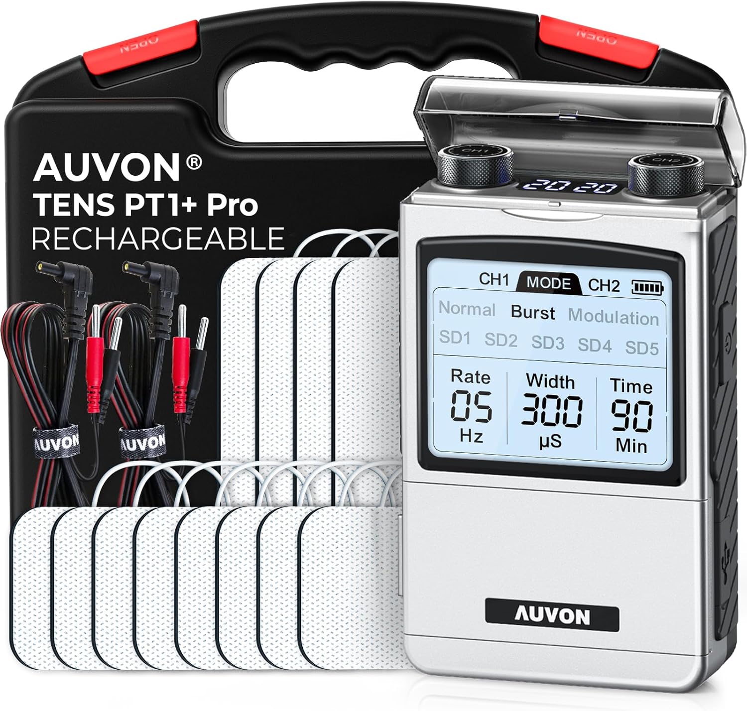AUVON Rechargeable TENS Unit Digital Muscle Stimulator, 8 Modes, 12 Pads

