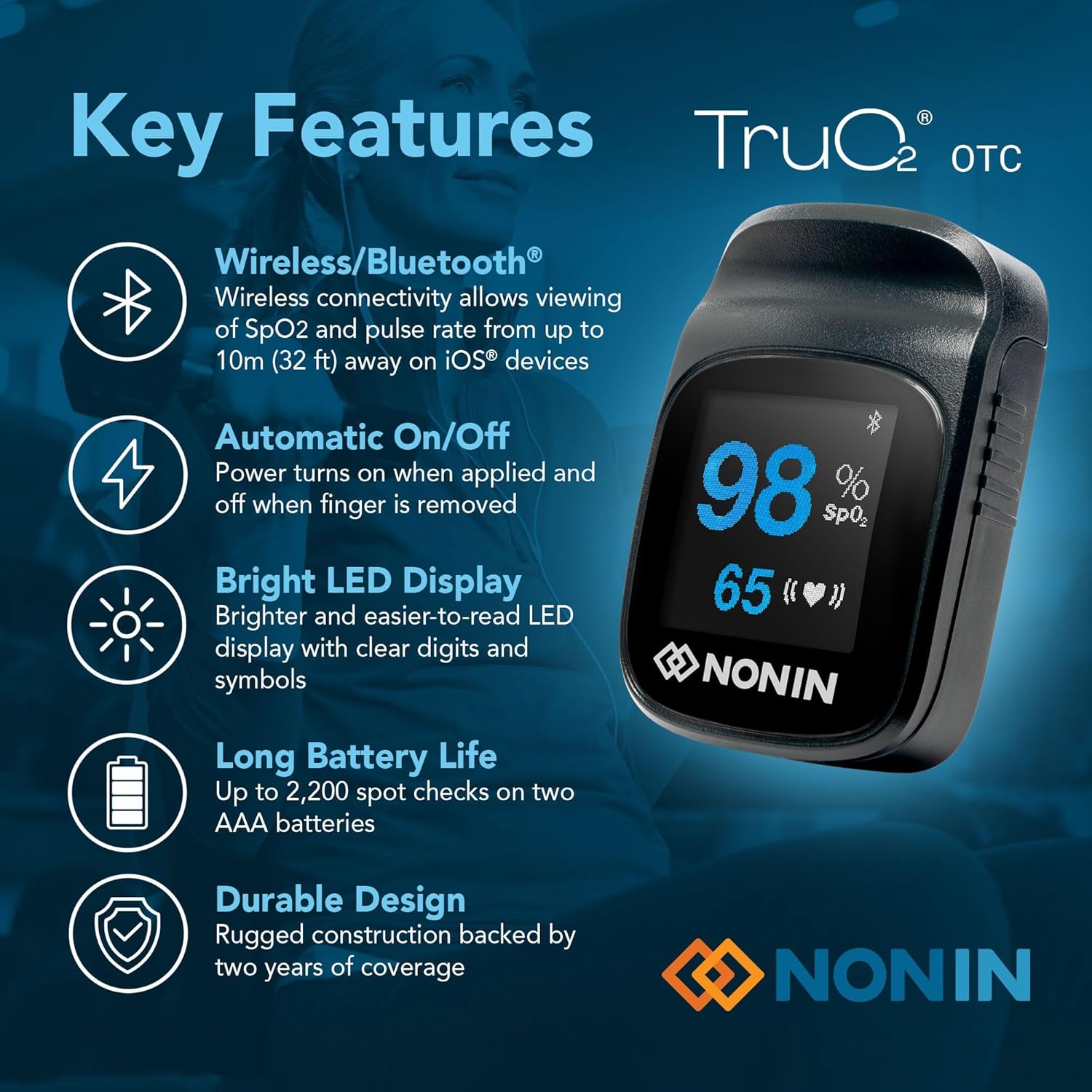 Nonin TruO2 OTC Pulse Oximeter 3250 Fingertip SpO2 Monitor, FDA Cleared

