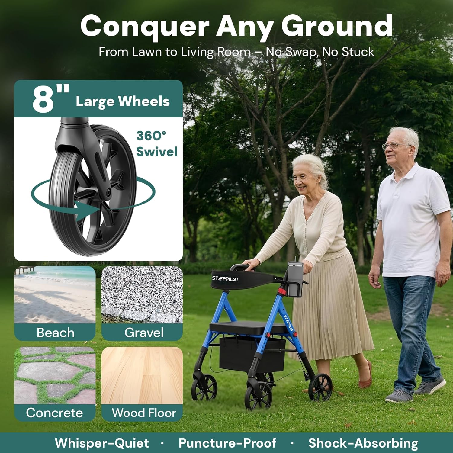 Bariatric Rollator Walker with Seat, 500 lb Aluminum Frame, 8 in All-Terrain Wheels

