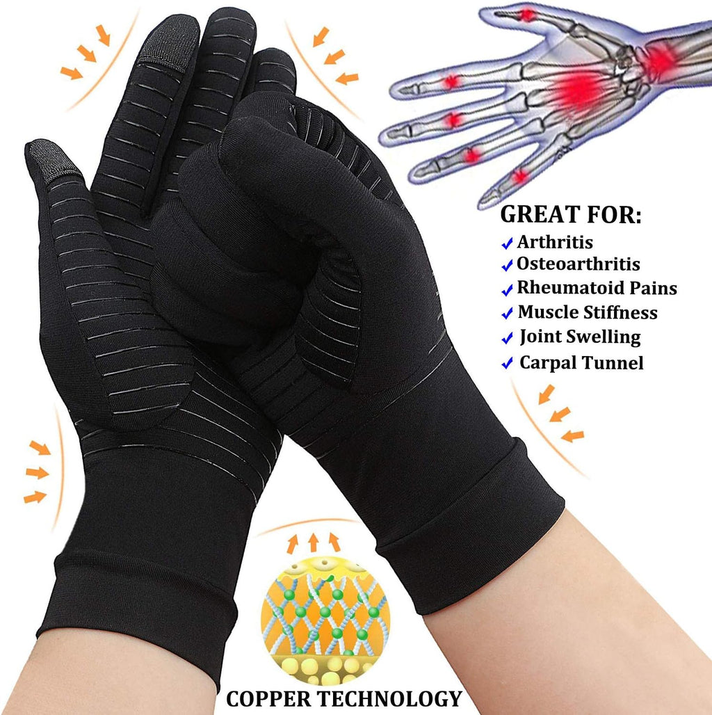 Copper Full Finger Compression Gloves for Arthritis Pain Relief, Touchscreen

