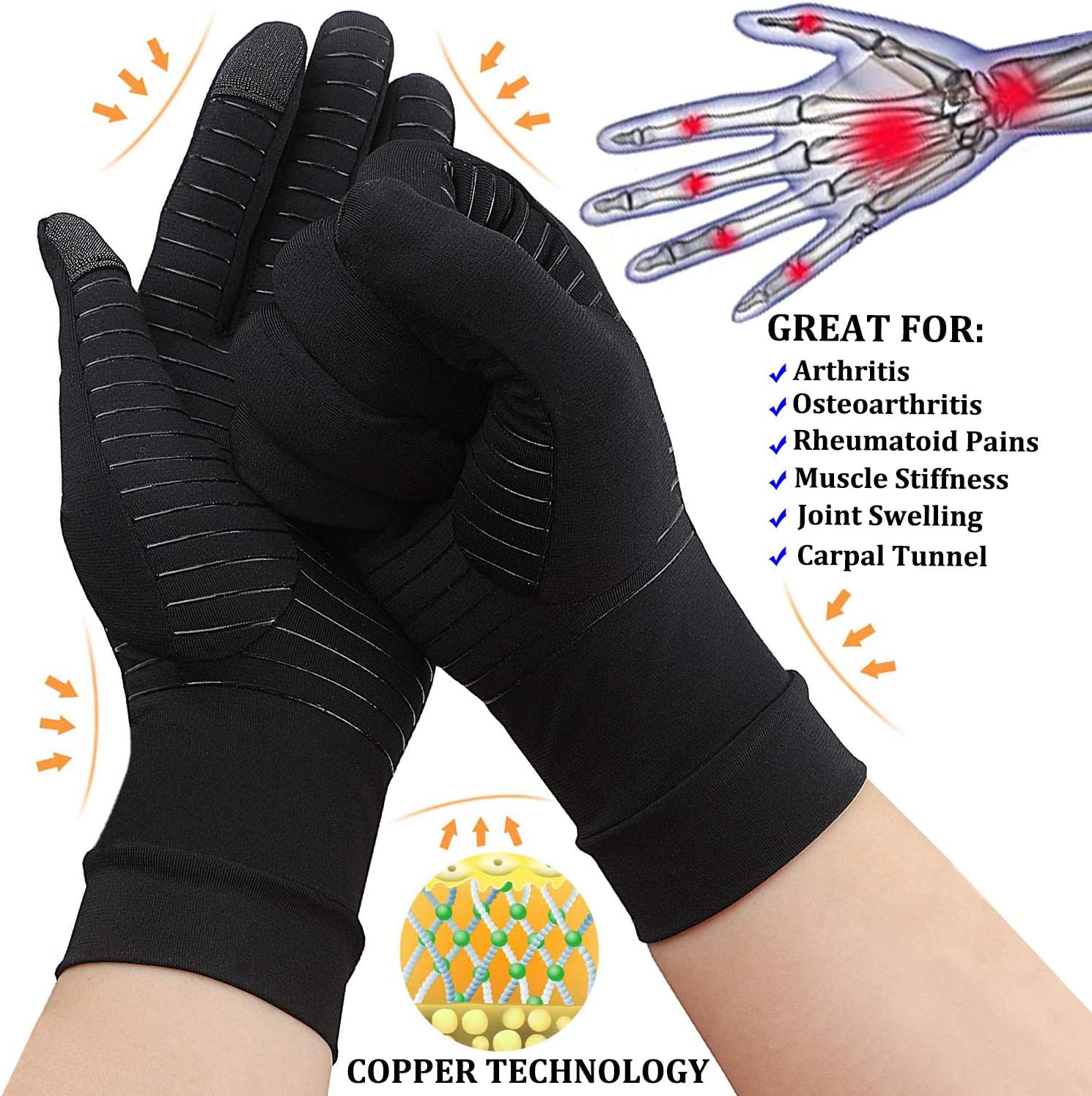 Copper Full Finger Compression Gloves for Arthritis Pain Relief, Touchscreen

