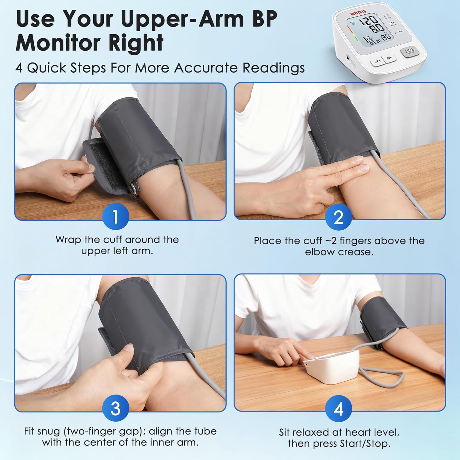 Weony Upper Arm Digital Blood Pressure Monitor for Home Use, Adjustable Cuff

