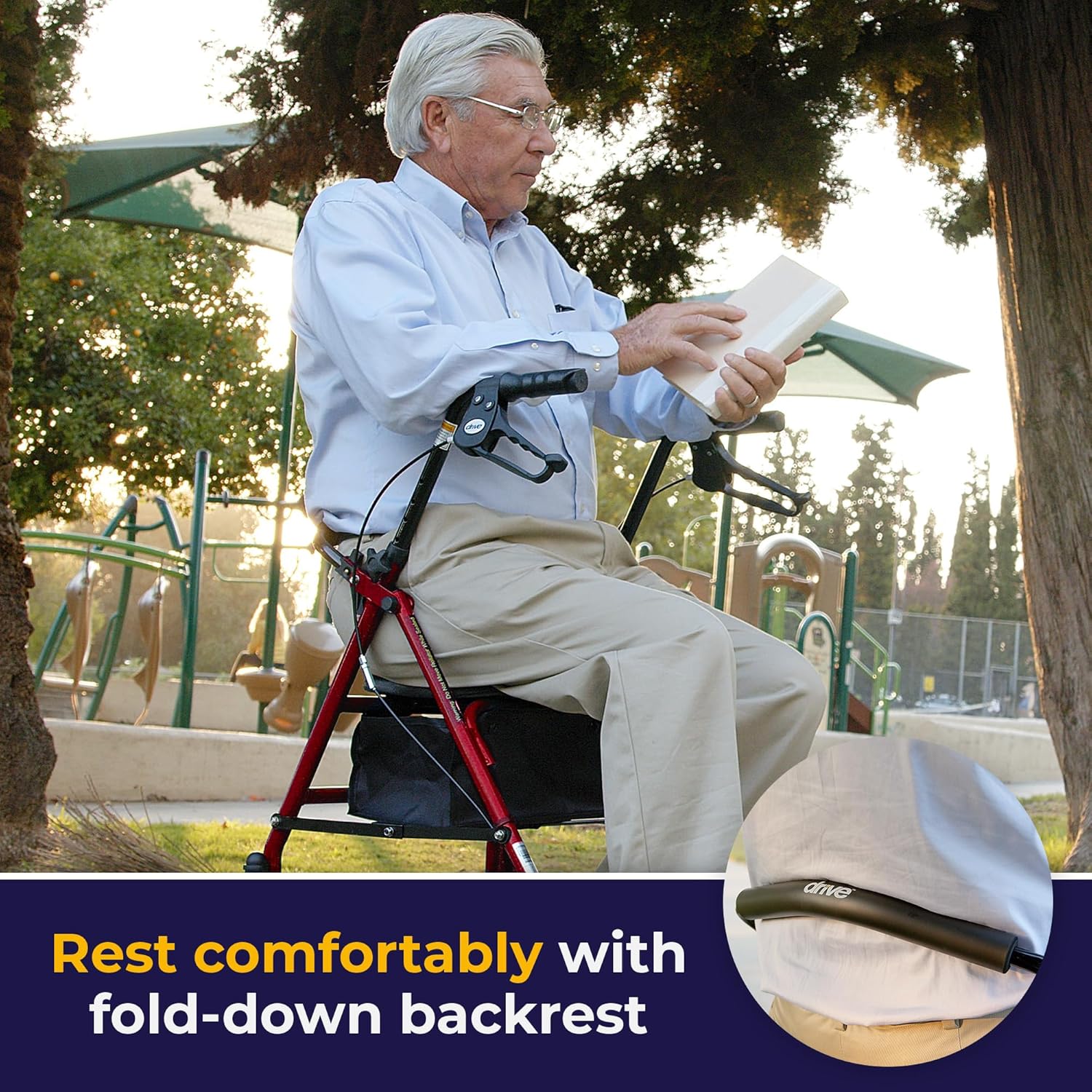 Drive Medical Rollator Walker with Seat, Height Adjustable, Steel Frame, 7.5 in Wheels

