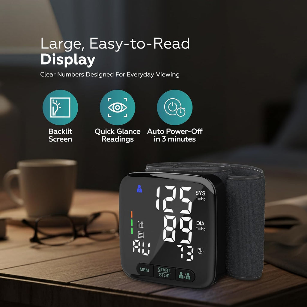 Wrist Blood Pressure Monitor, Digital BP Cuff, LED Display, Dual-User

