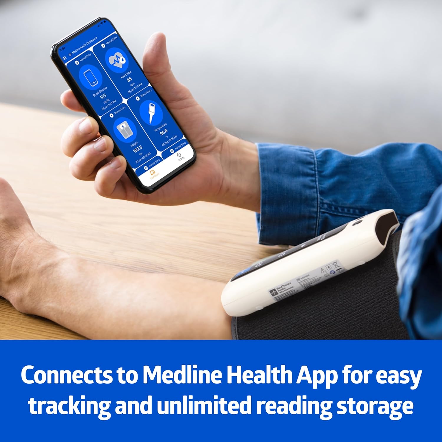 Medline Bluetooth Blood Pressure Monitor with Universal Upper Arm Cuff, LCD Display

