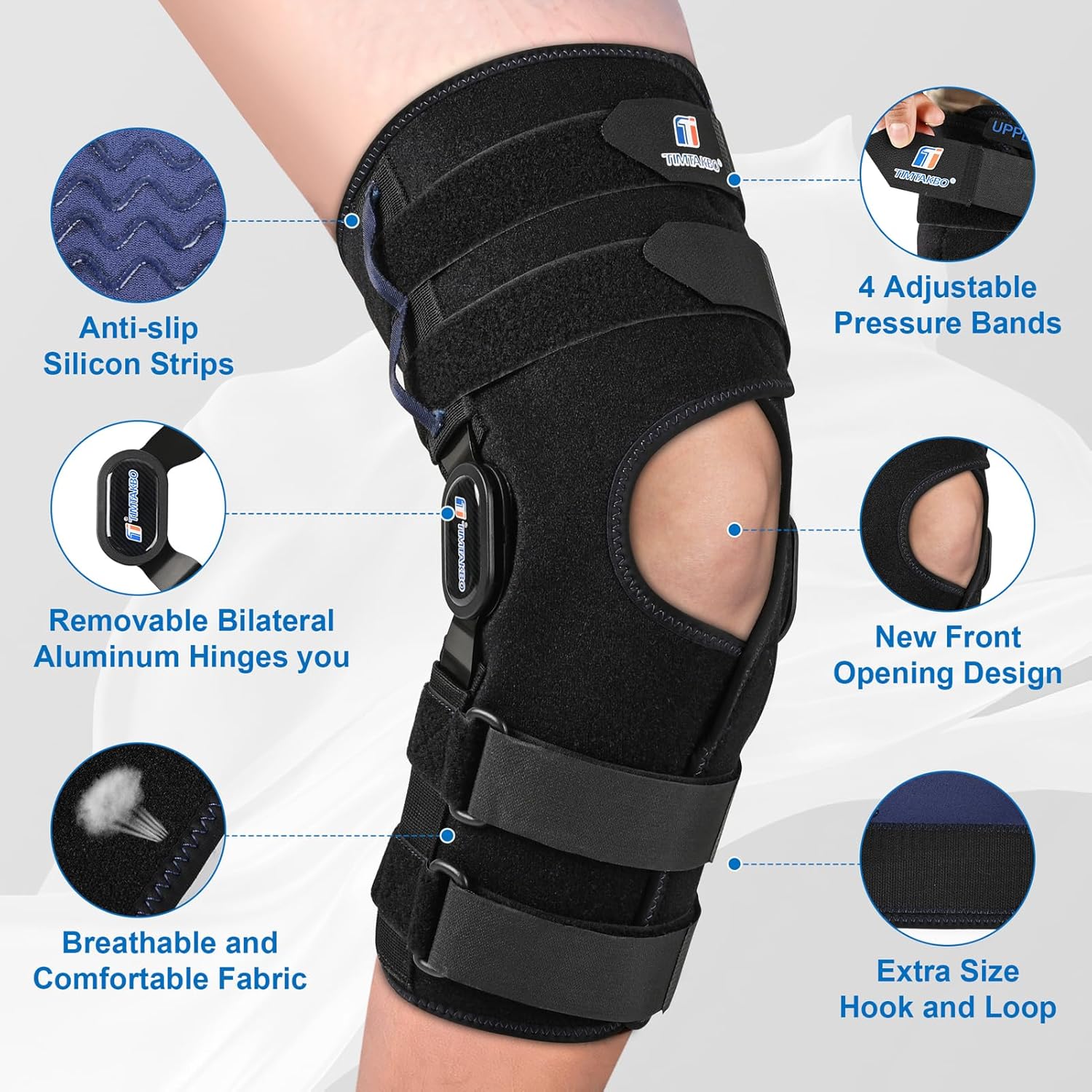 Hinged Knee Brace for Meniscus Tear, Adjustable Front Opening Knee Support

