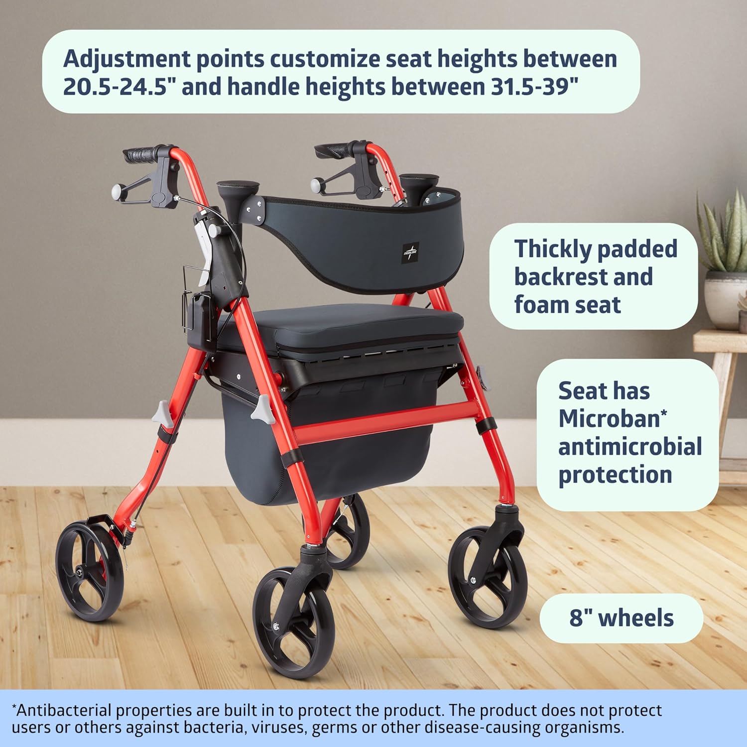 Medline Empower Rollator Walker with Memory Foam Seat, 8" Wheels, Cupholder, 300 lb

