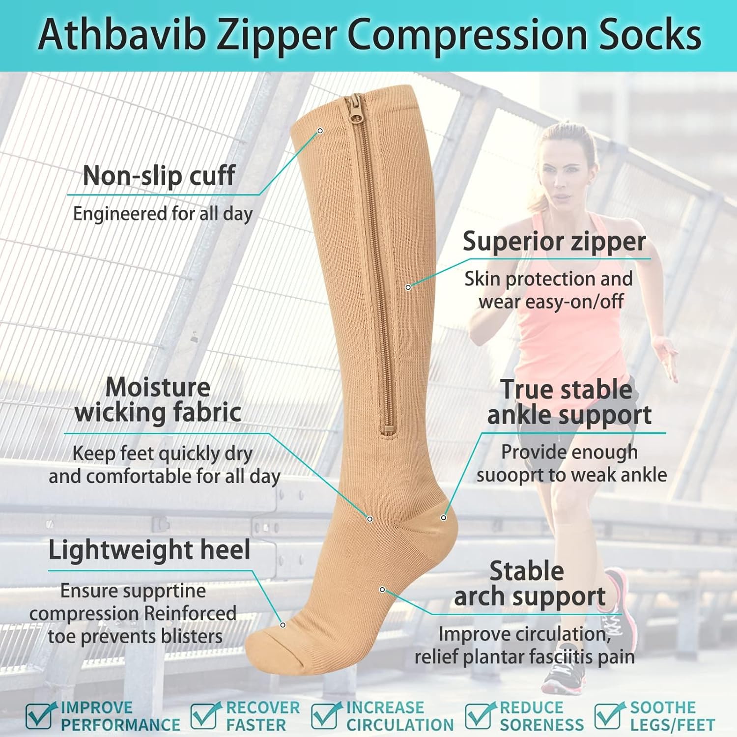 Athbavib Zipper Compression Socks Graduated Support Stockings for Women and Men

