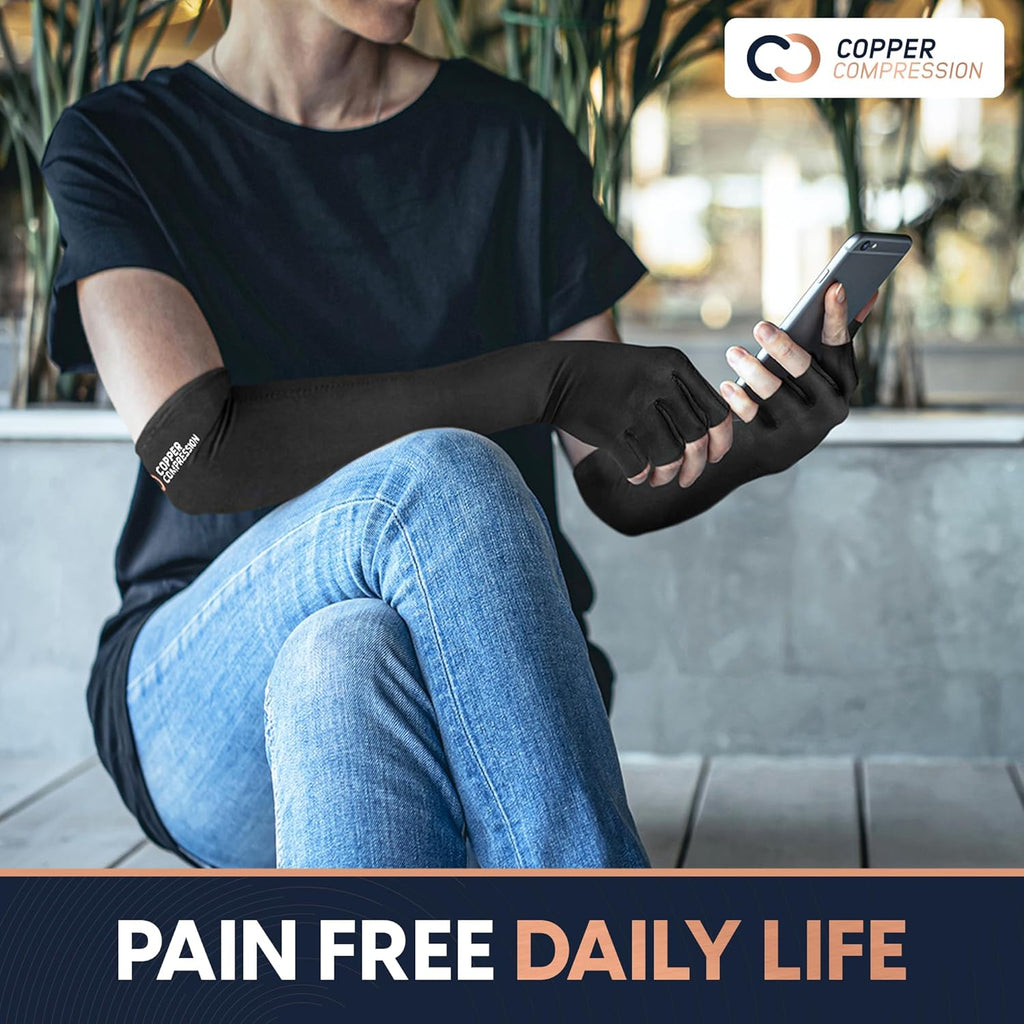 Copper Compression Long Arthritis Gloves, Copper-Infused Compression Fingerless Sleeves

