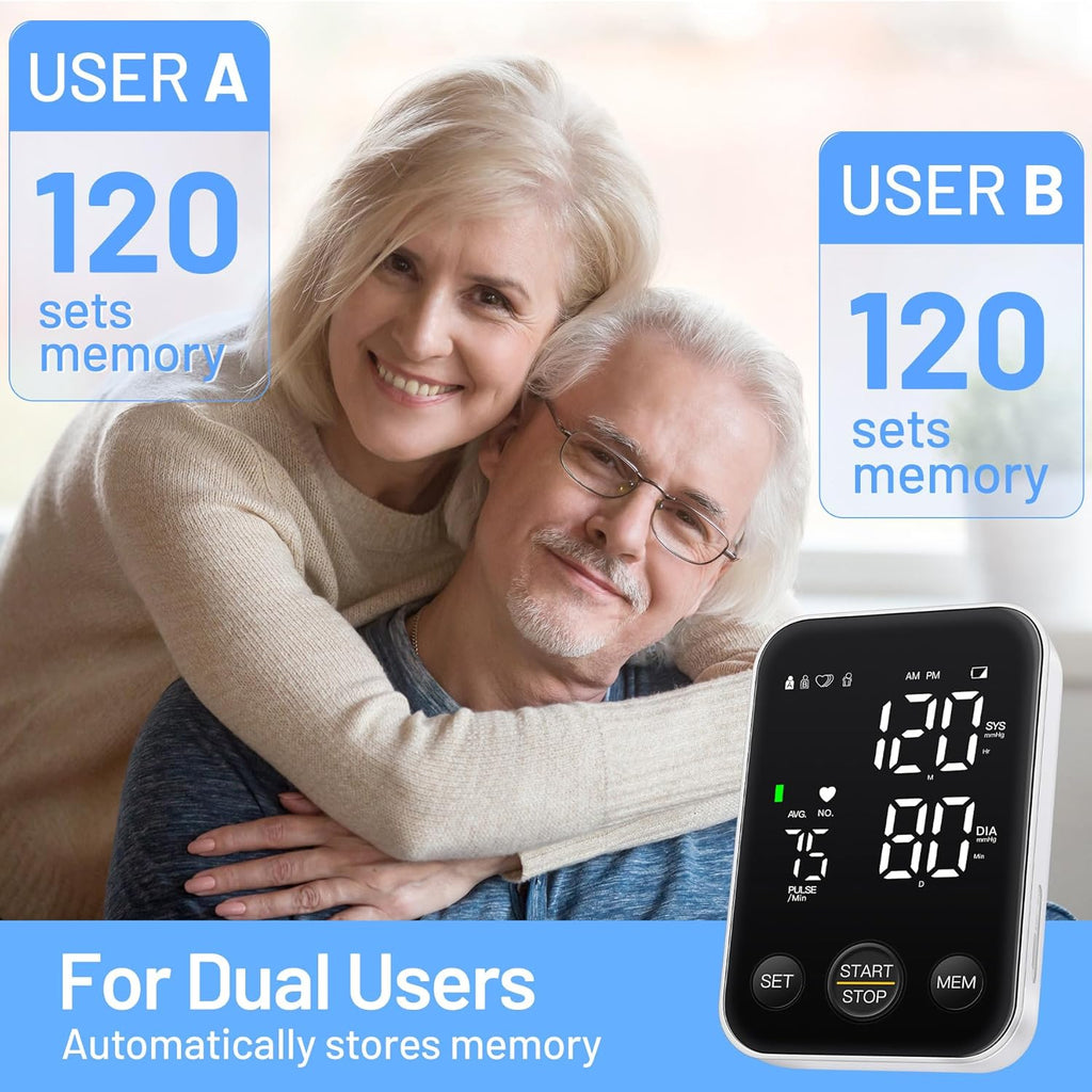 Upper Arm Blood Pressure Monitor Kit, Adjustable Cuff, LED Backlit Display, 2 Users

