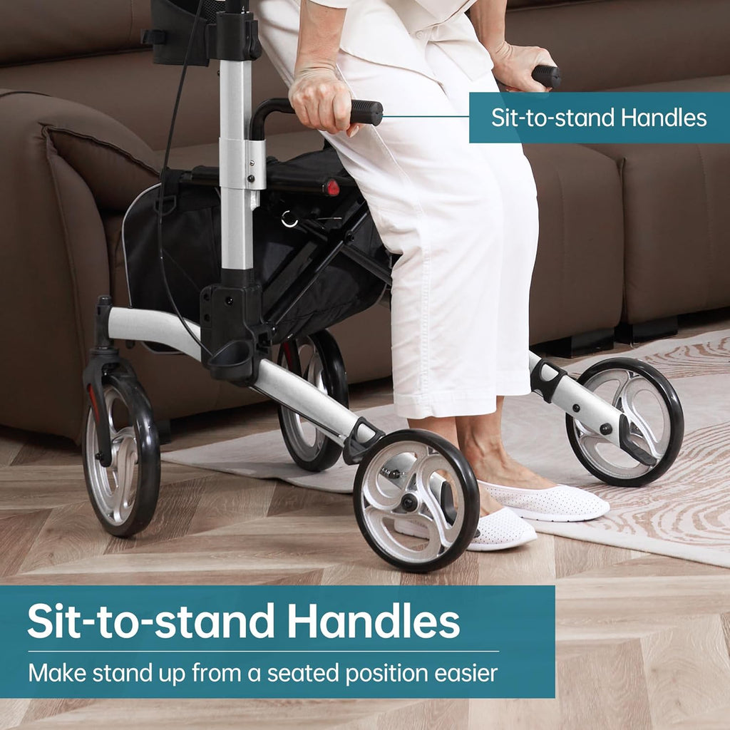 ELENKER Upright Walker Rollator with Folding Seat Backrest and 10 in Wheels

