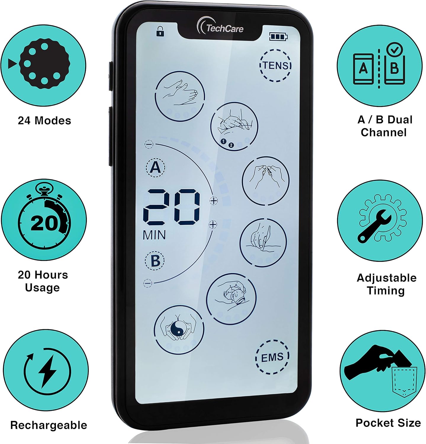 Tehcare Touch X TENS EMS Muscle Stimulator, Dual Channel, Touchscreen, Rechargeable

