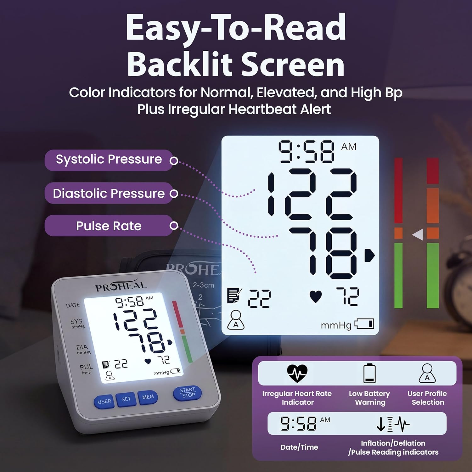 ProHeal Upper Arm Blood Pressure Monitor with Talking Audio, Backlit LCD, 240 Memory

