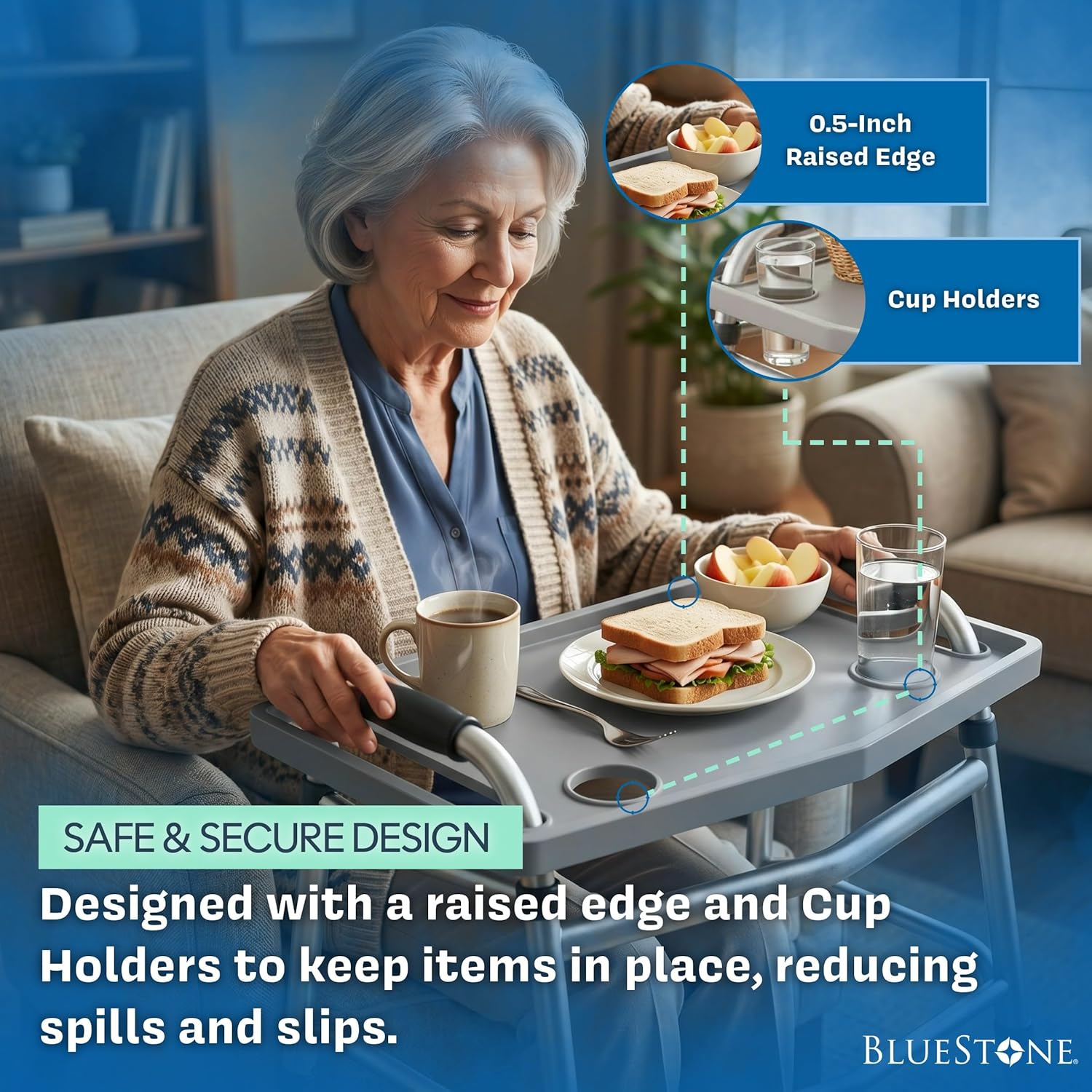 Bluestone Walker Tray Upright with Holders for Folding Walkers, Cup Holders

