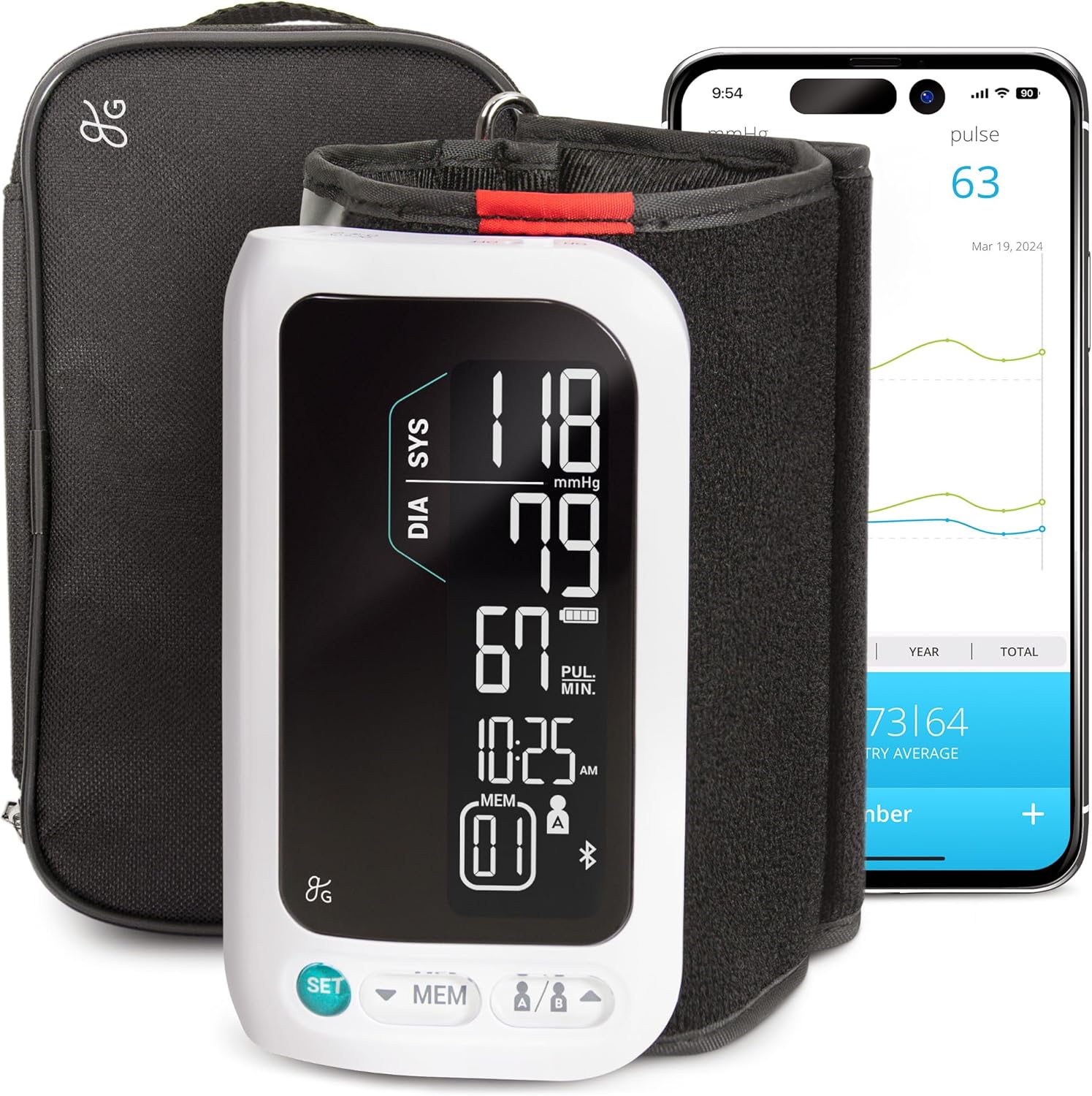 Greater Goods Bluetooth Upper Arm Blood Pressure Monitor with App and Rechargeable Cuff

