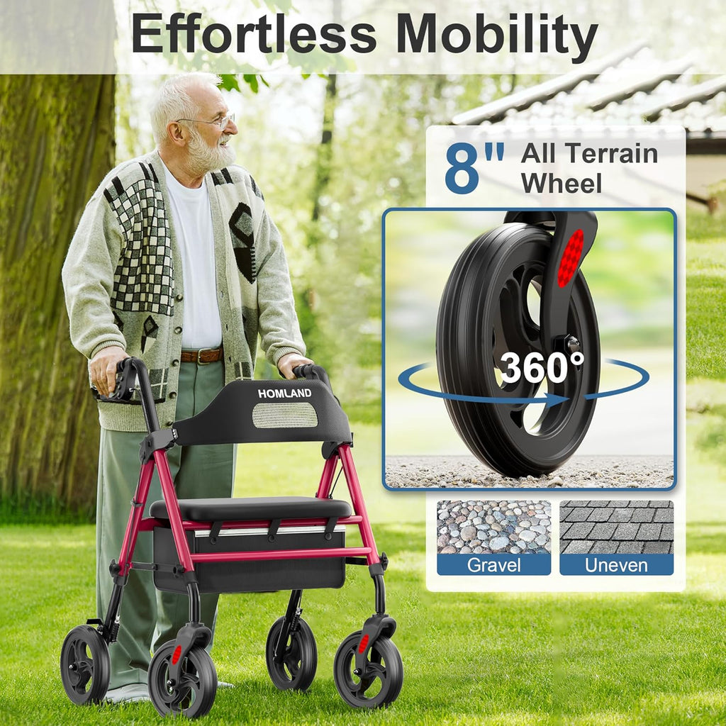 HOMLAND Foldable Rollator Walker with Seat, 8 in Wheels, Adjustable Handles

