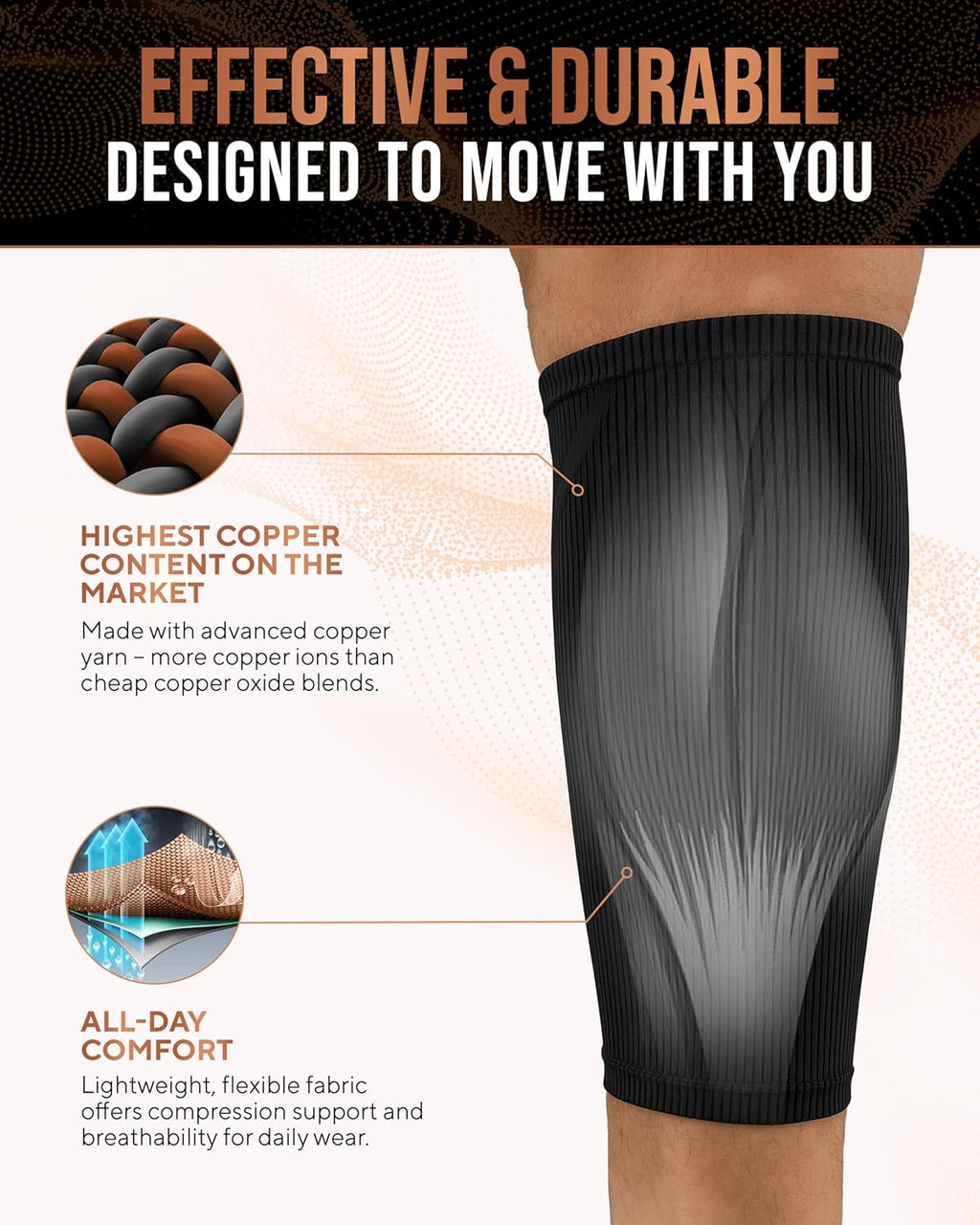 TheraCopper Copper Calf Compression Sleeve, Breathable Non-Slip Leg Support

