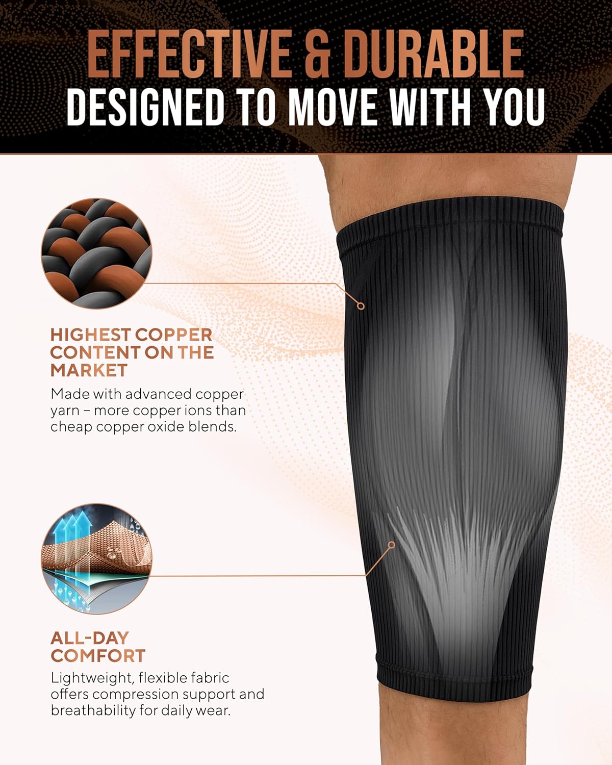 TheraCopper Copper Calf Compression Sleeve, Breathable Non-Slip Leg Support

