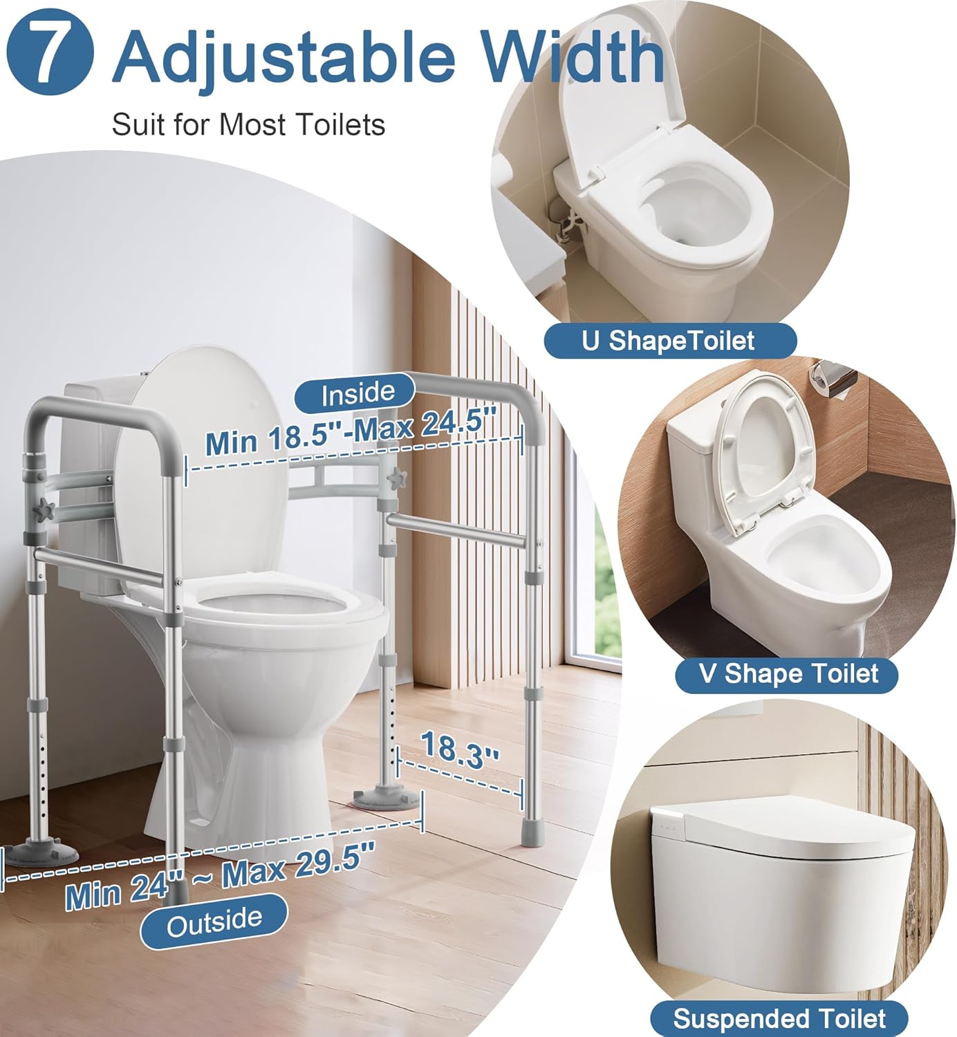 HOMLAND Toilet Safety Rail Adjustable Height Width Foldable 350 lb Toilet Handles

