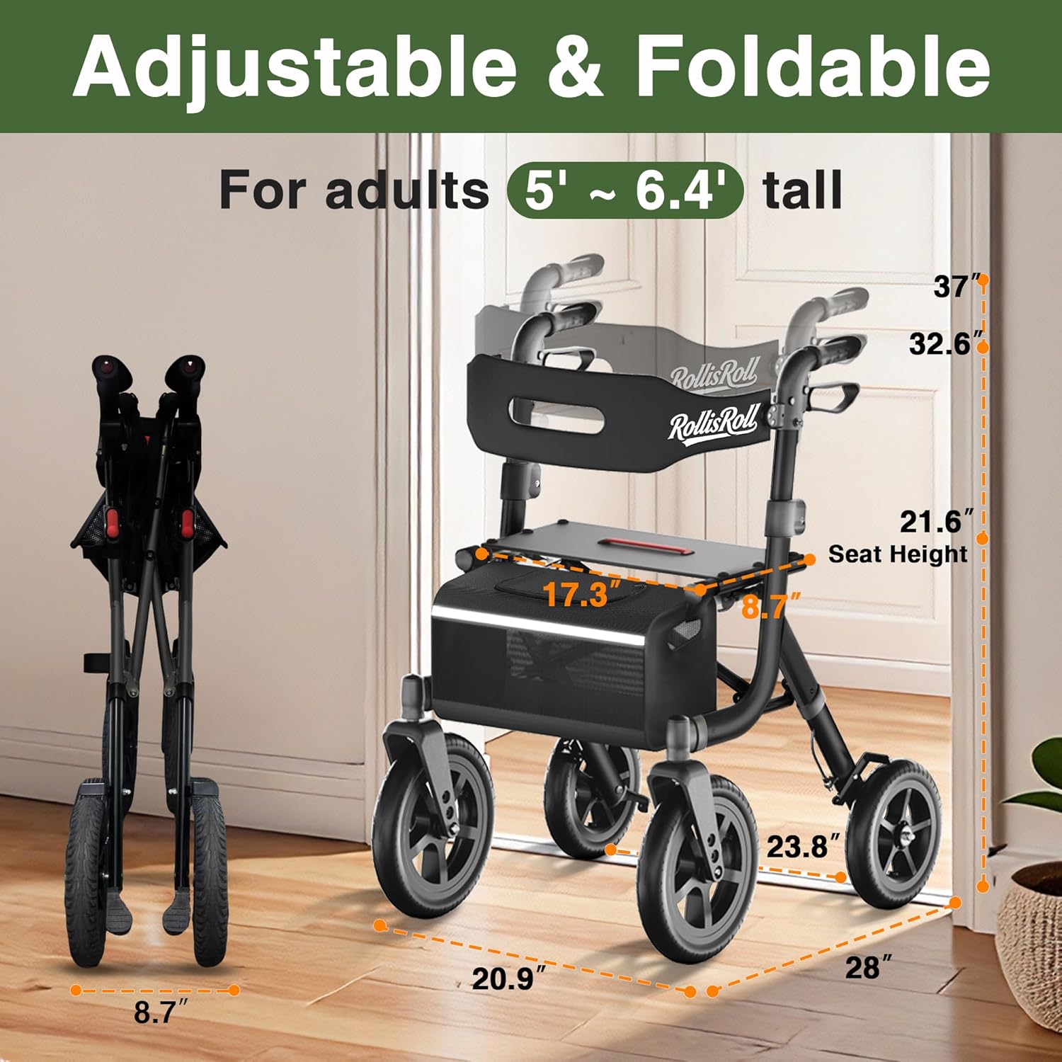 Rollator Walker with Seat for Seniors, Foldable 4 Wheel All-Terrain

