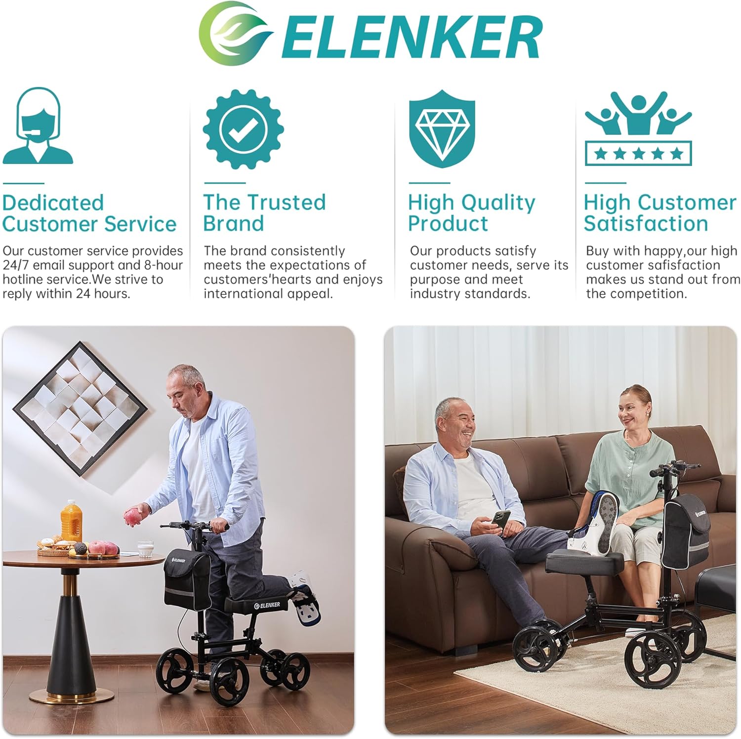 ELENKER Knee Scooter Knee Walker with Dual Braking System, Adjustable, Foldable

