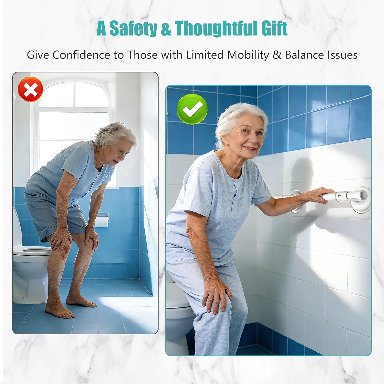 No-Drill Suction Shower Grab Bar for Seniors, Non-Slip Bathroom Safety Handle

