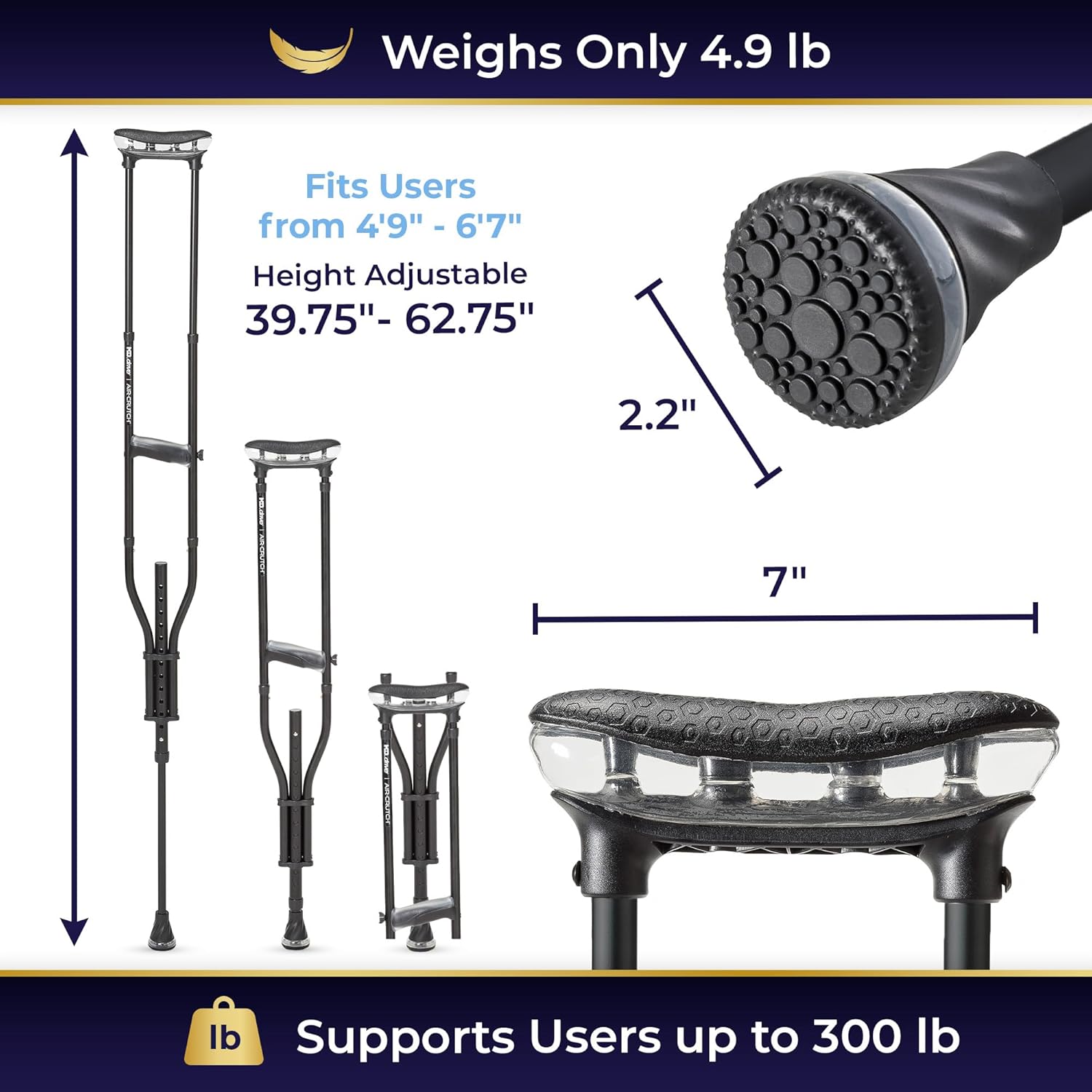 Drive Air-Crutch Lightweight Walking Crutch, Adjustable Height 4'7–6'7, 300 lb

