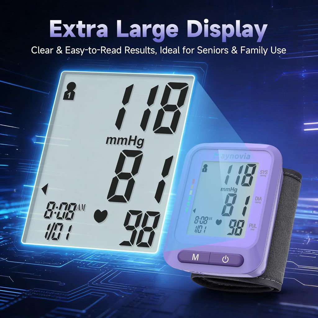 Dual-User Wrist Blood Pressure Monitor with LCD Display and 120 Memory for Home Use

