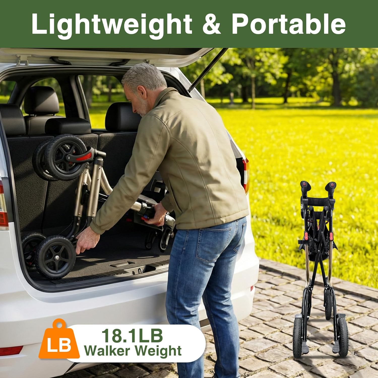 RollisRoll Rollator Walker with Seat, Foldable 4-Wheel, 10" All-Terrain Rubber Wheels

