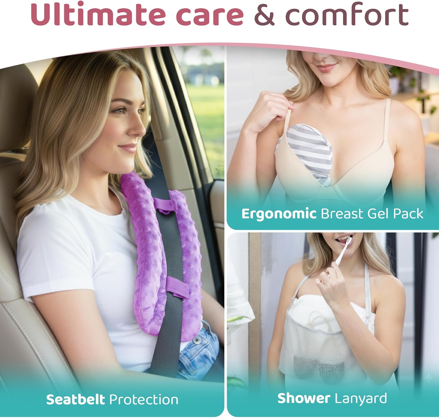 Zomaple Mastectomy Recovery Pillow with Strap, Seat Belt Cover and Gel Pack

